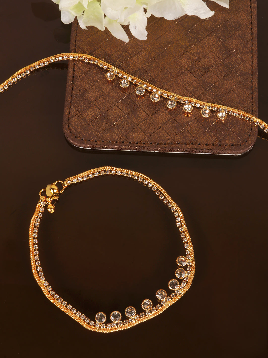 Set of 2 Gold-Plated White Stone-Studded Handcrafted Anklets