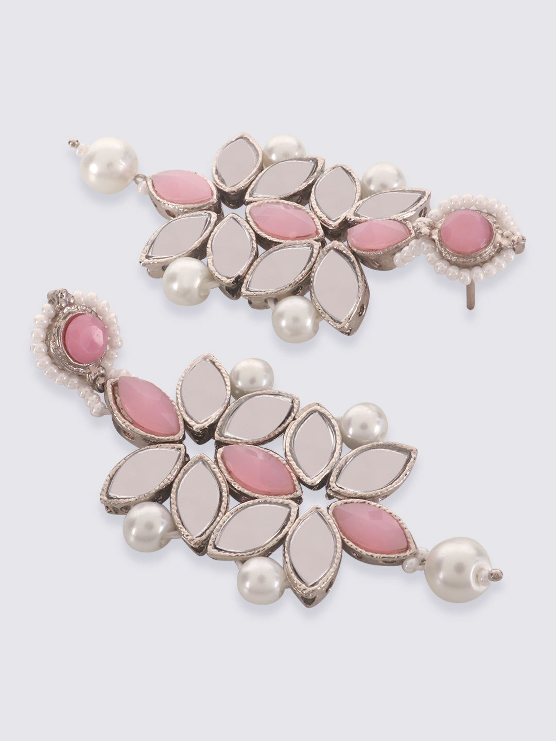 Silver-TOned & Pink Traditional Stone Studded & Pearls Jewellery Set