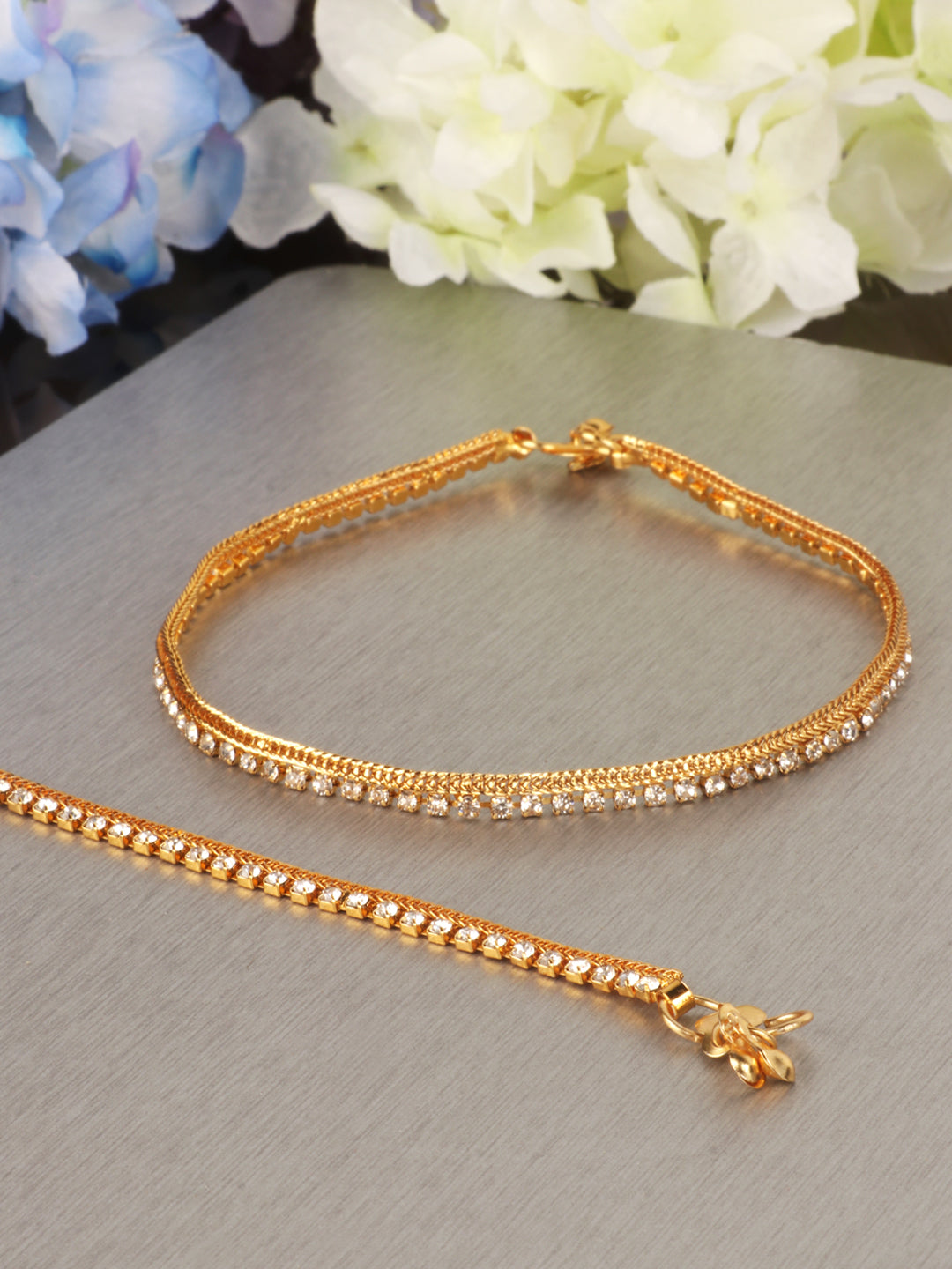 Set Of 2 Gold-Plated Stones-Studded Designer Anklets