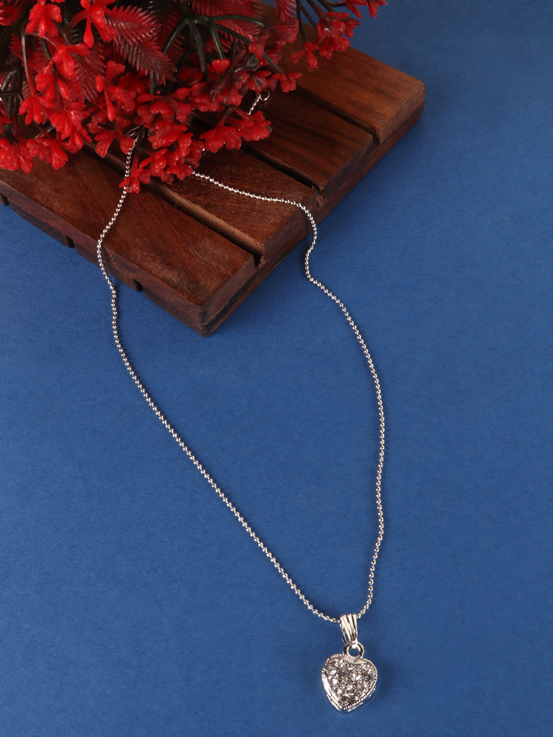 Rhodium-Plated Silver-Toned & White Stone Studded Pendant With Chain