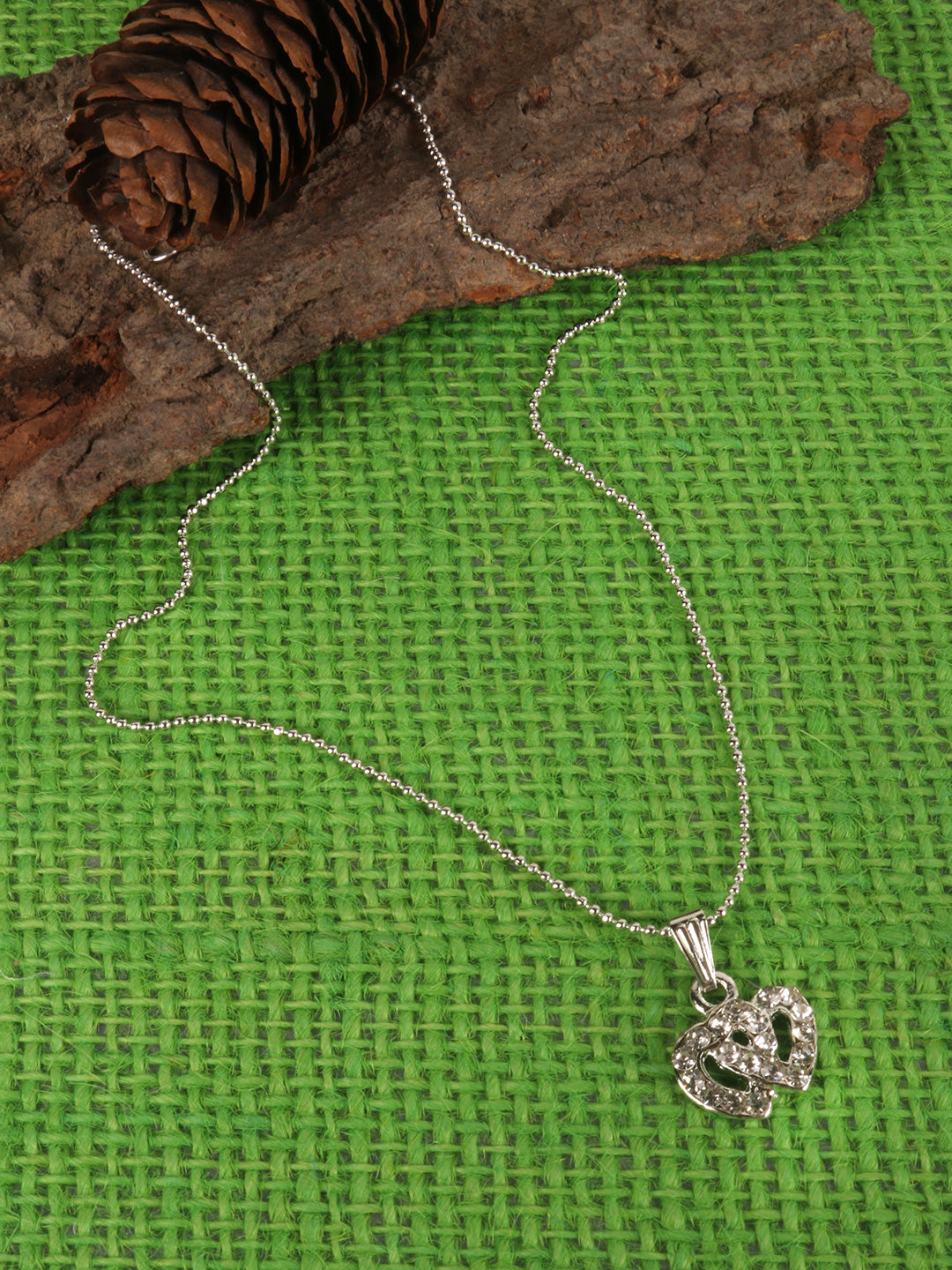 Rhodium-Plated Silver-Toned White Stone-Studded Handcrafted Pendant With Chain