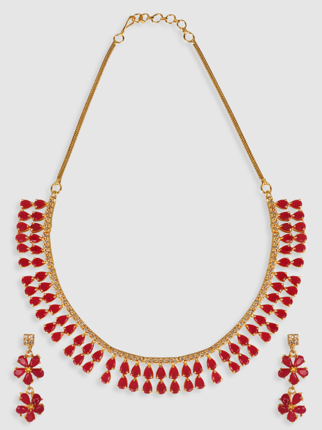 Pink & Gold-Plated Stone-Studded Leaf Shaped Jewellery Set
