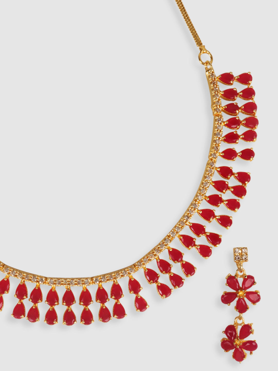 Pink & Gold-Plated Stone-Studded Leaf Shaped Jewellery Set