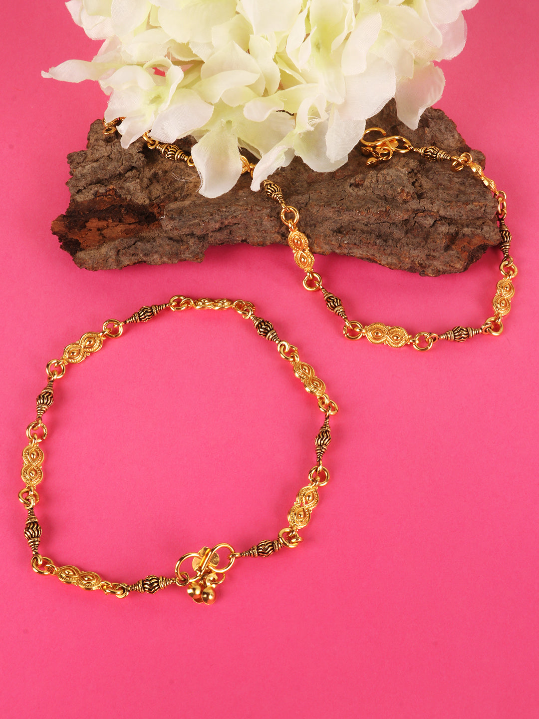Set of 2 Gold Plated Cutwork & Enamelled Anklet