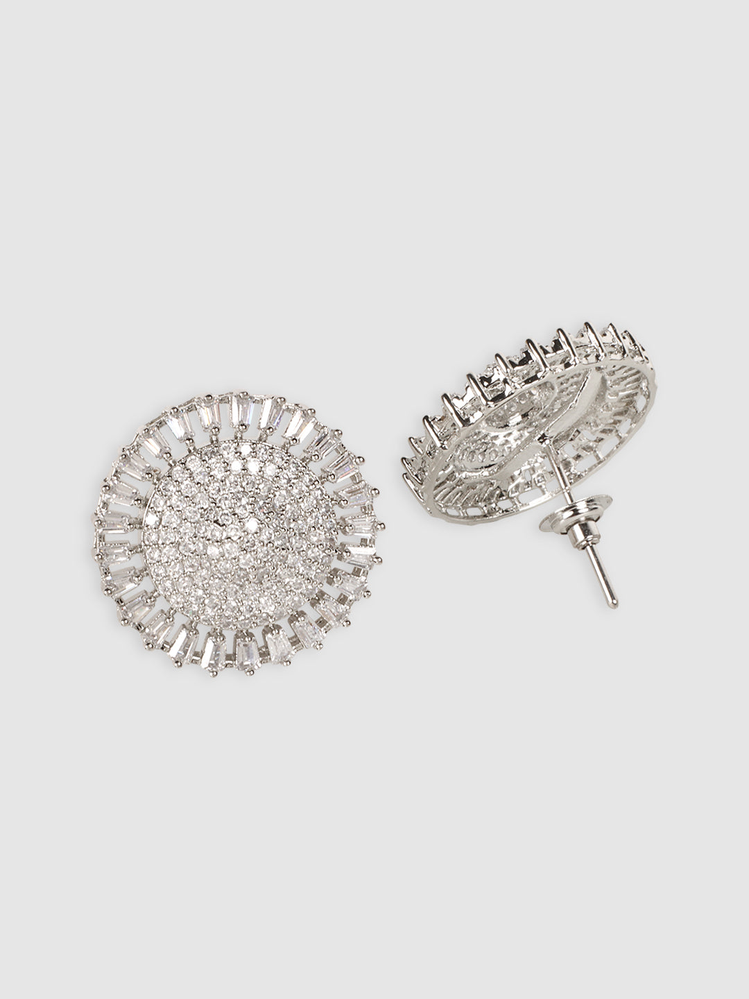 Silver-Plated White AD Studded Circular Studs Earrings