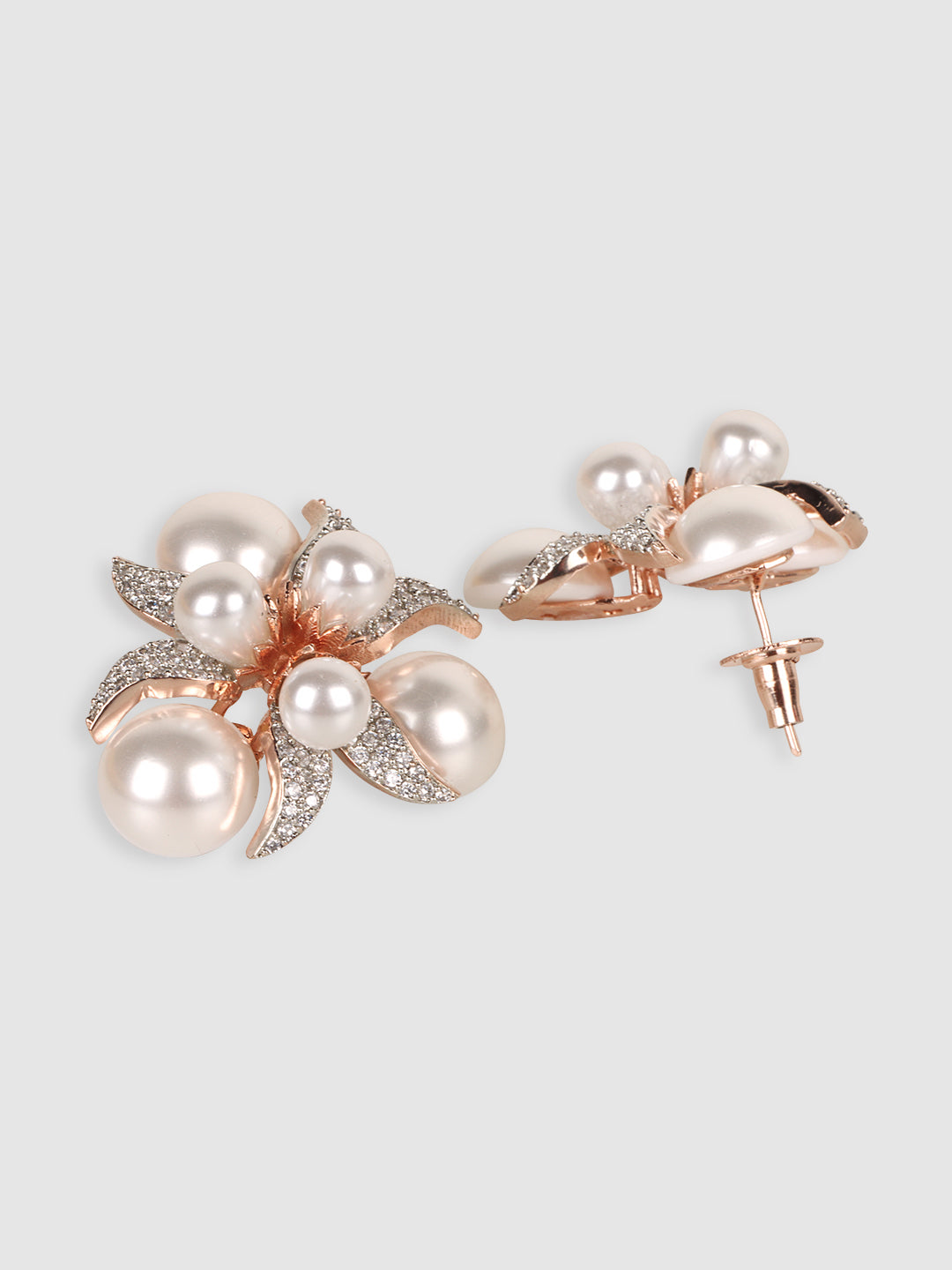 Gold-Plated White Pearls Beaded & AD Studded Studs Earrings
