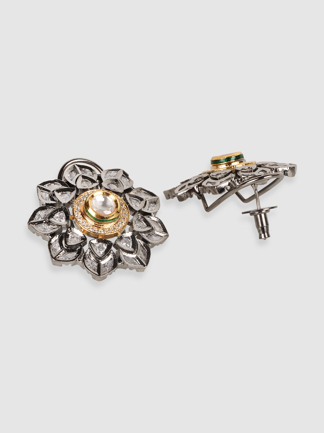 White Floral AD & Kundan Studded Rhodium Plated Stud Earrings