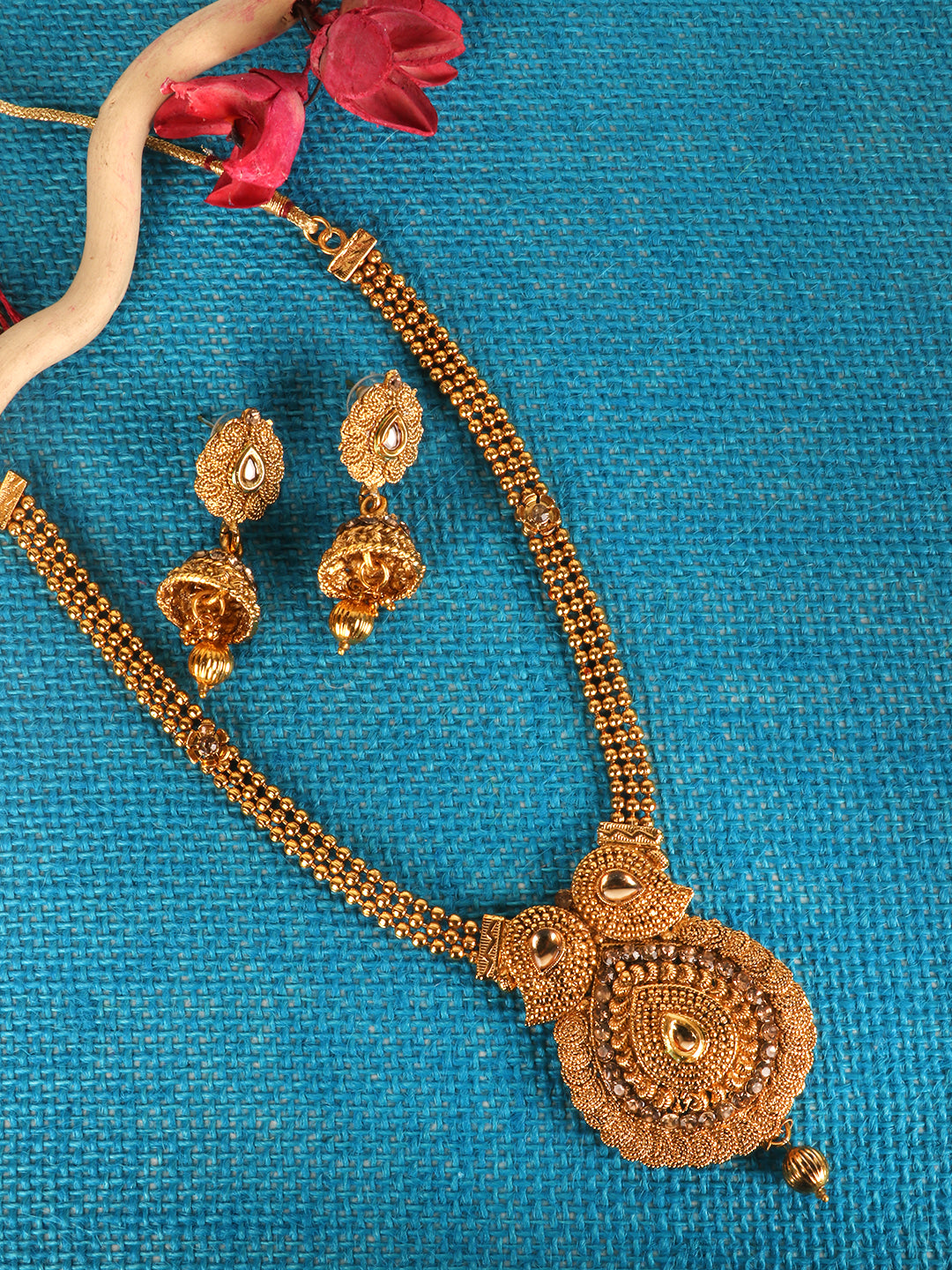 Gold-Plated Beige Stone-Studded Jewellery Set