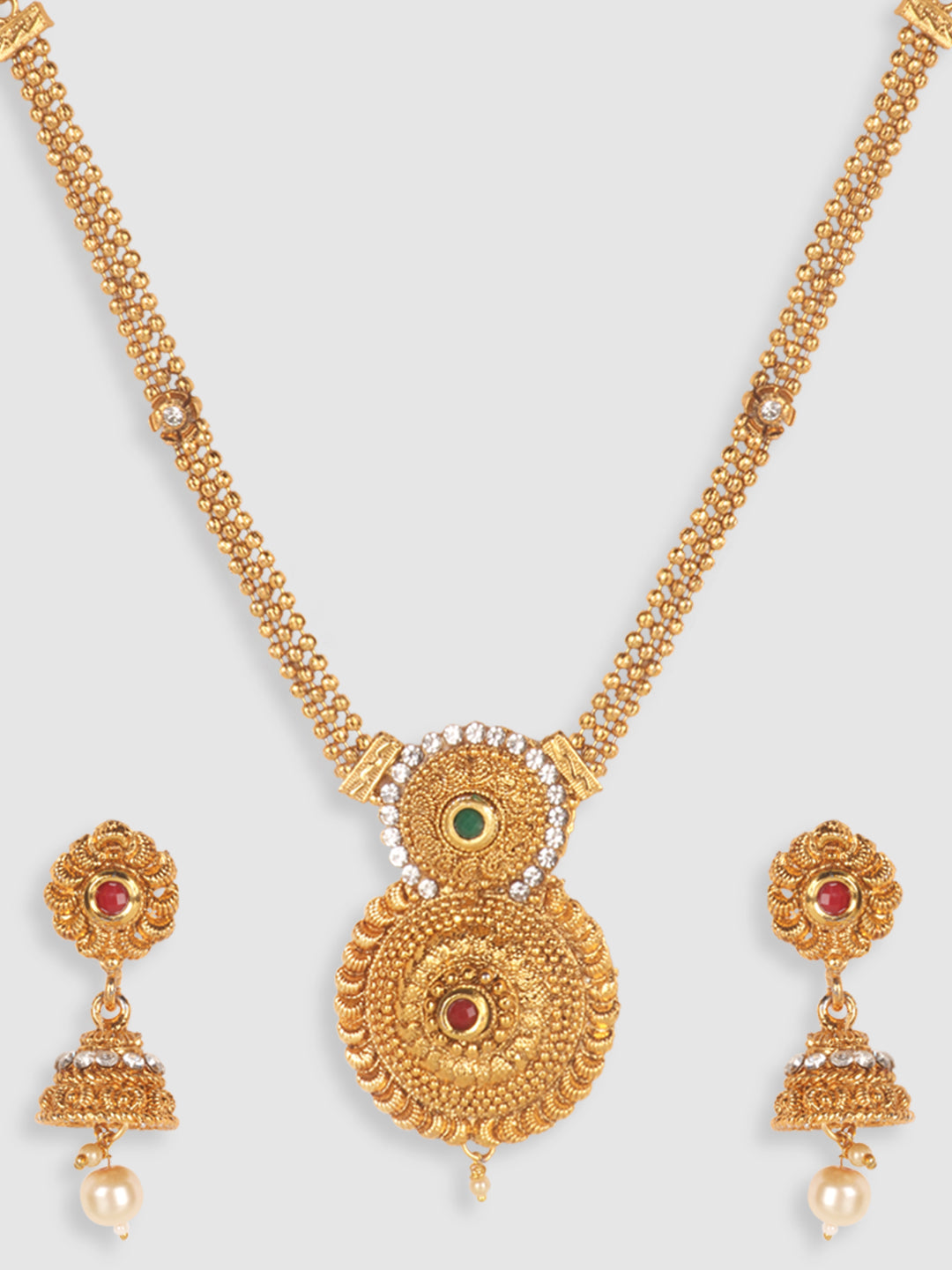 Gold-Plated & White Stone-Studded & Beaded Jewellery Set