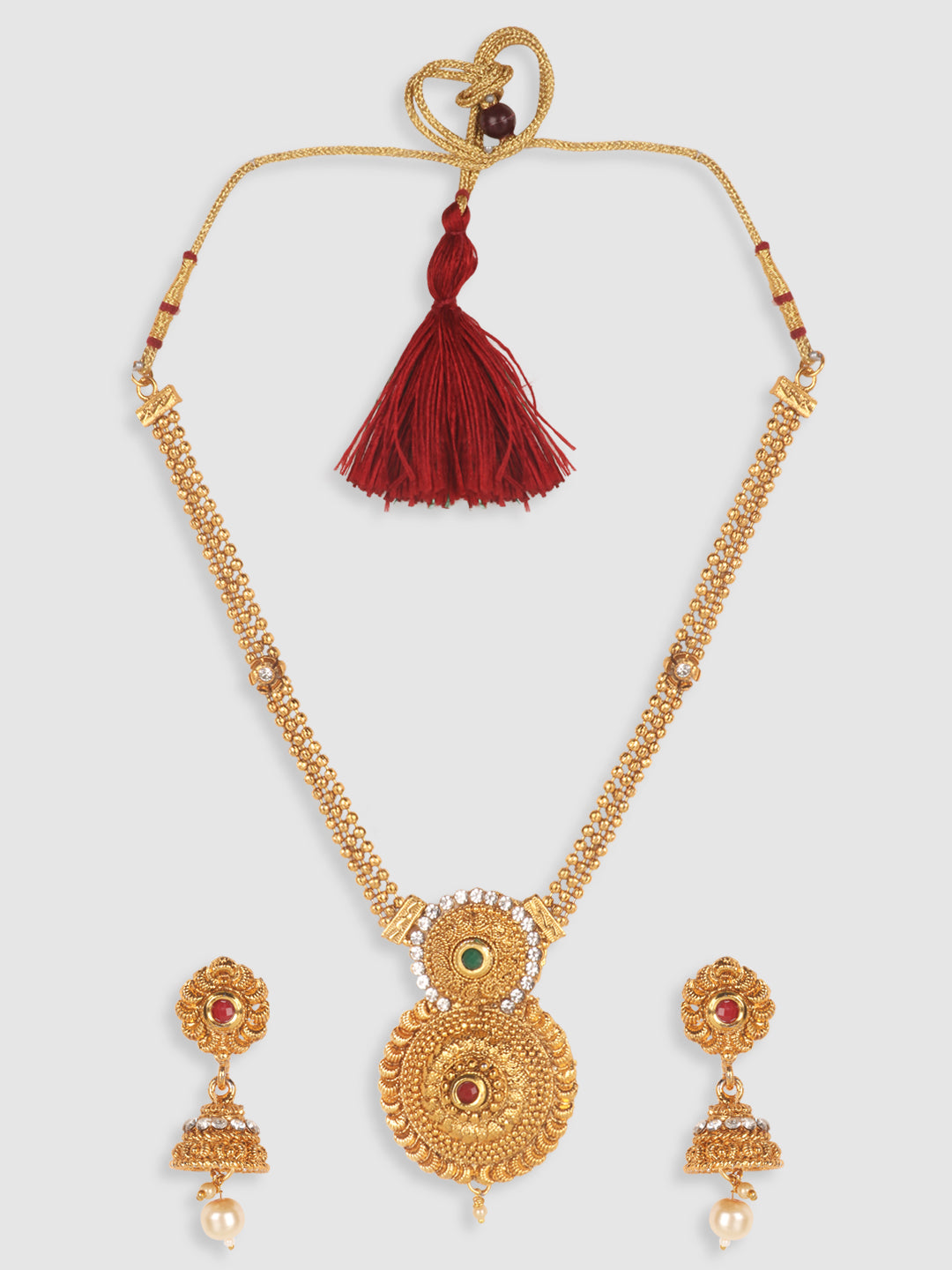 Gold-Plated & White Stone-Studded & Beaded Jewellery Set