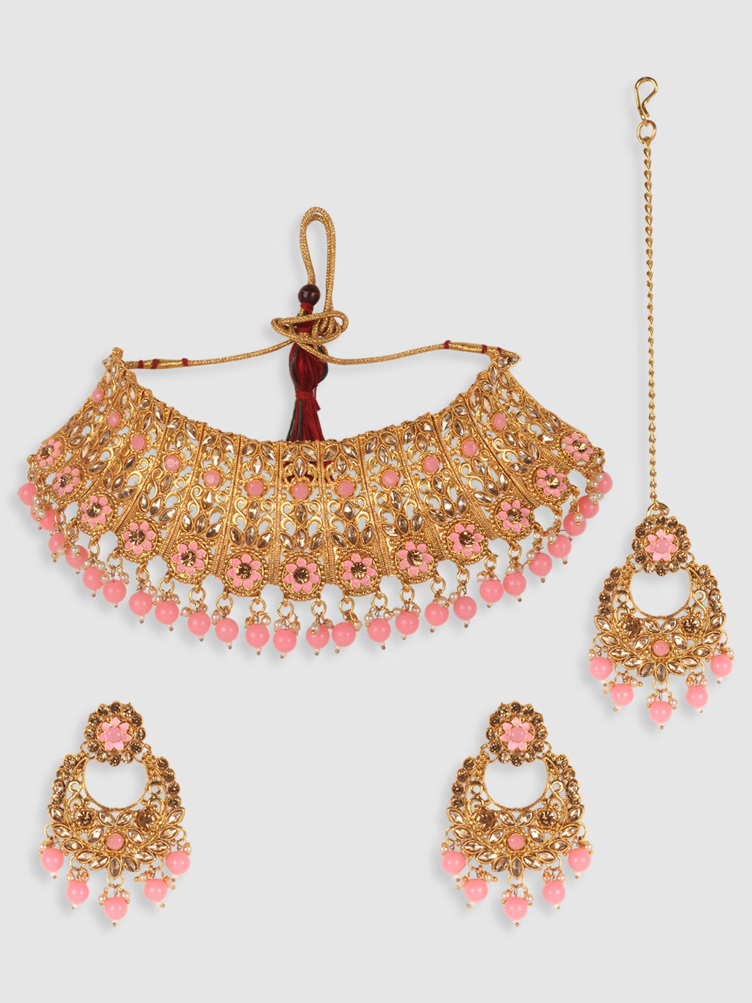 Pink Gold Plated Stone Studded Jewellery Set
