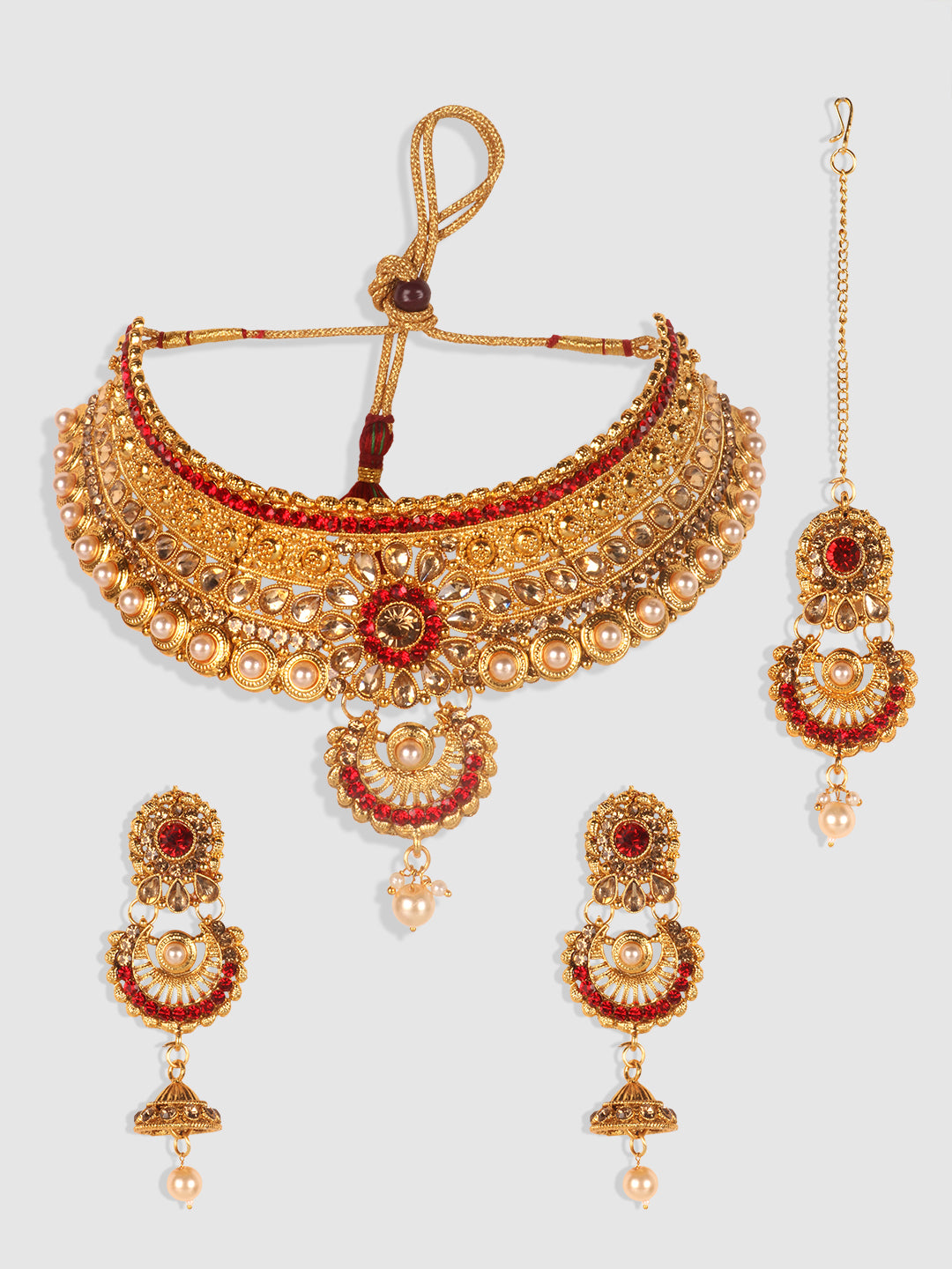 Gold -Toned & Red Floral Stone Studded Choker Set