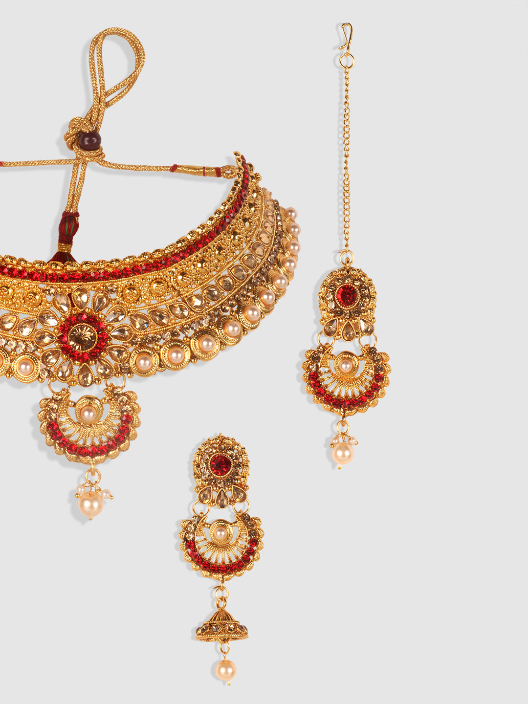 Gold -Toned & Red Floral Stone Studded Choker Set