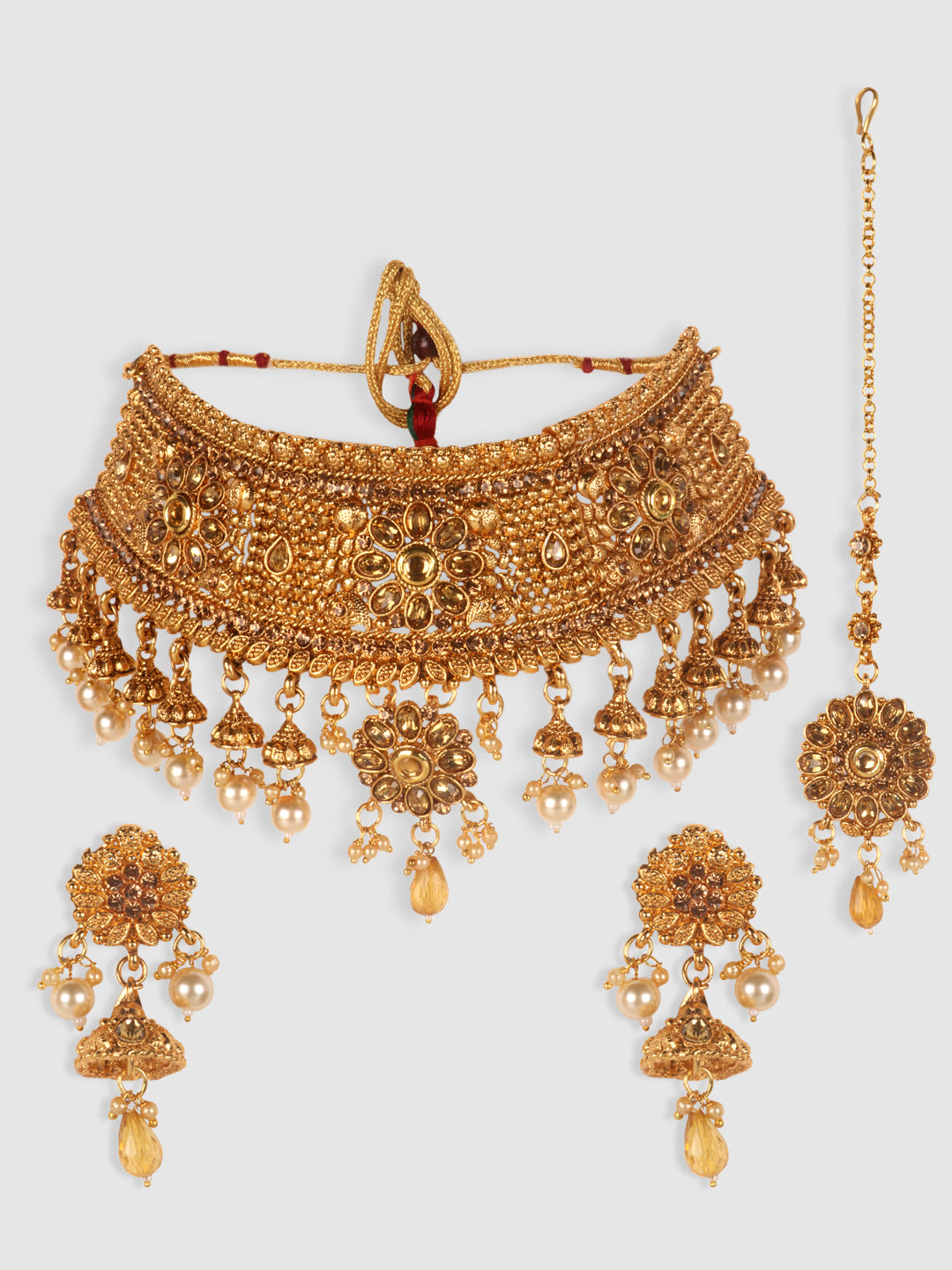 Traditional Gold Plated Floral Stone Studded Choker Set