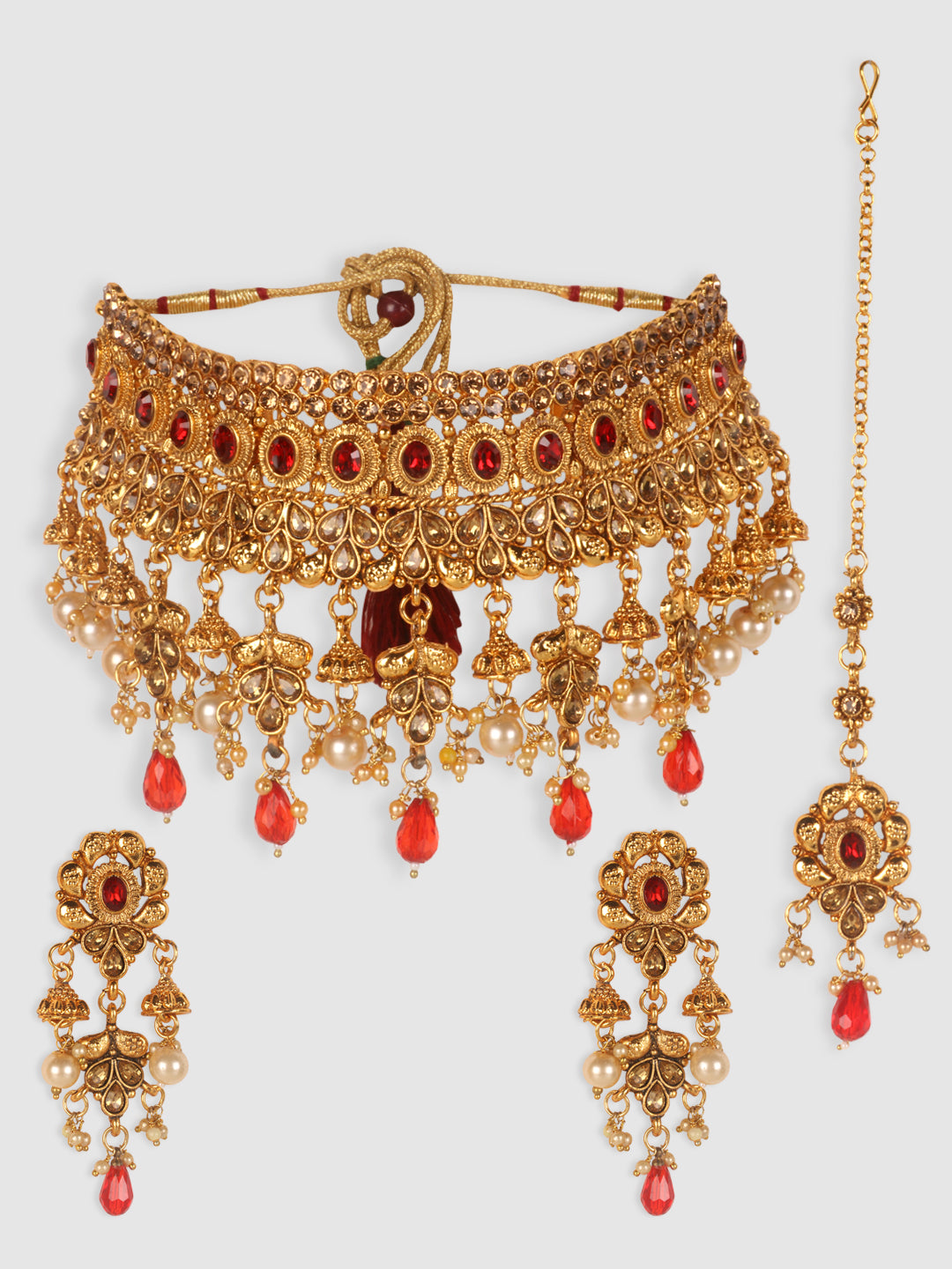 Red & Gold-Toned Stone Studded Choker Set with Maangtika
