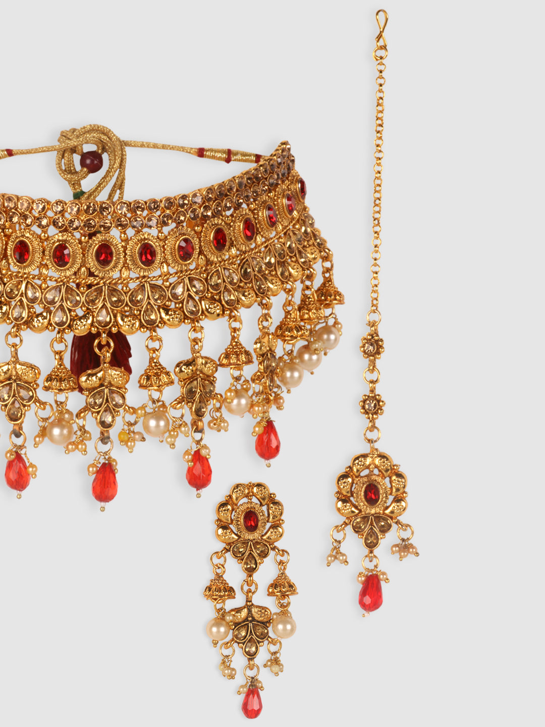 Red & Gold-Toned Stone Studded Choker Set with Maangtika