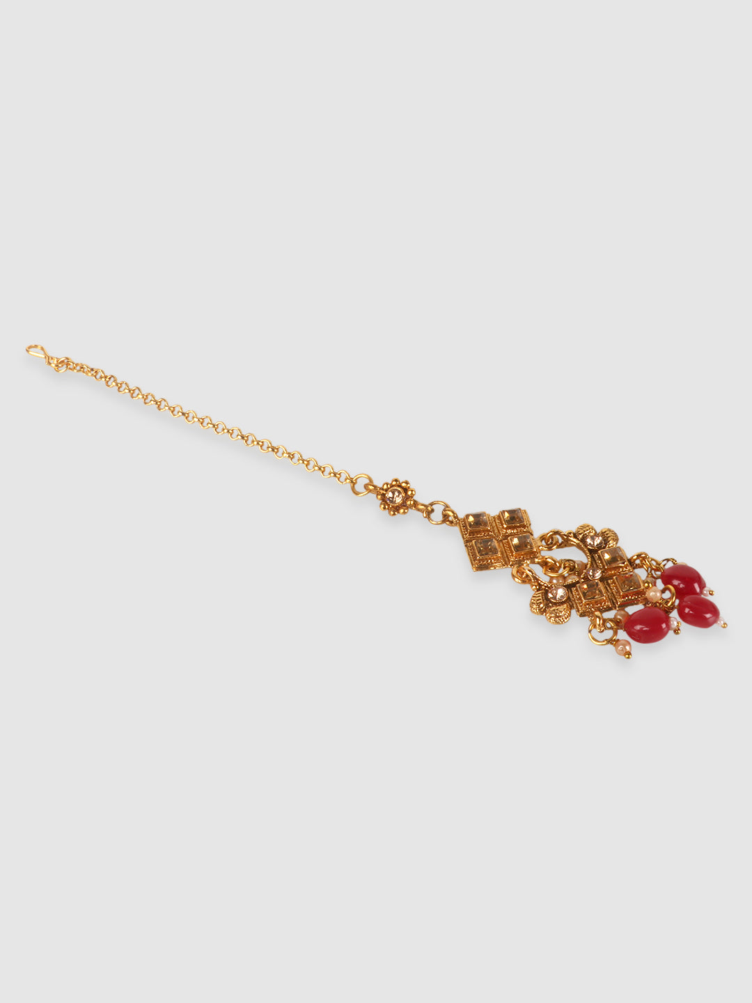 Gold-Plated & Red Kundan-Studded & Pearl Beaded Jewellery Set