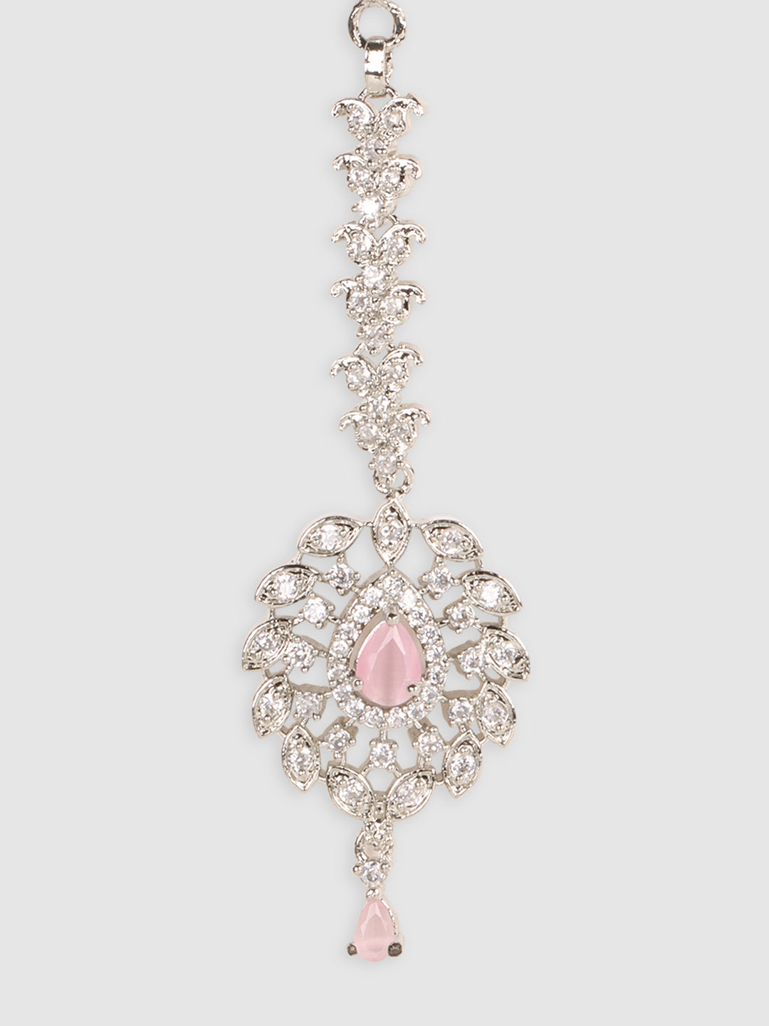 Silver-Plated Pink American Diamond Diamond Studded Maangtika