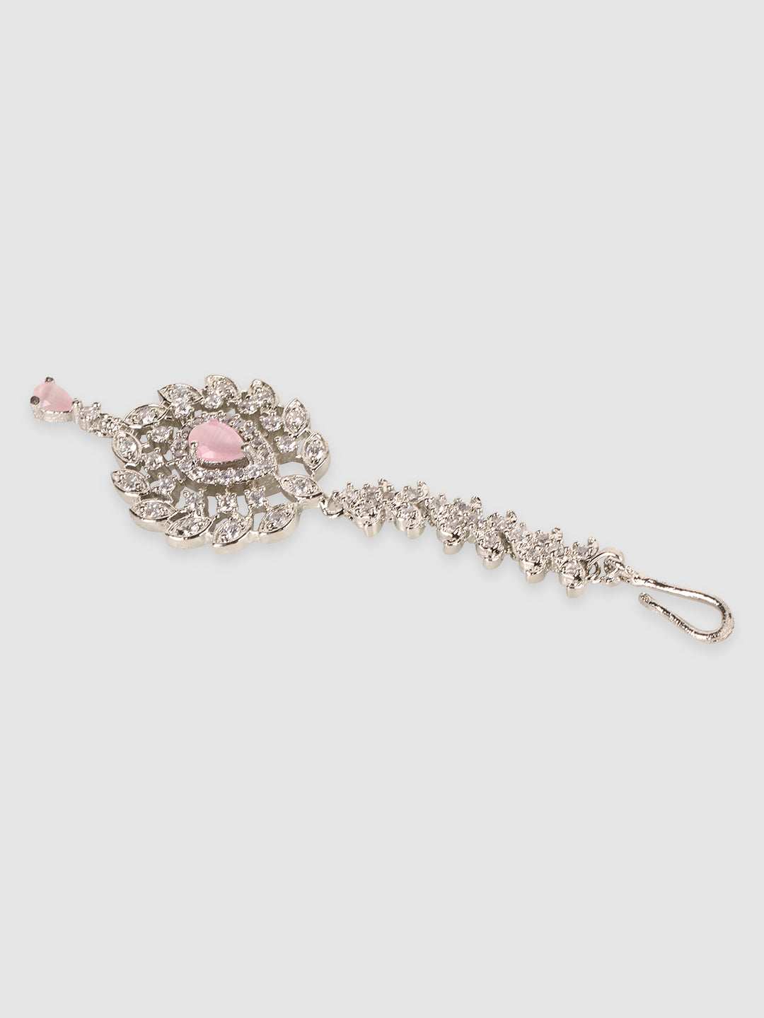 Silver-Plated Pink American Diamond Diamond Studded Maangtika