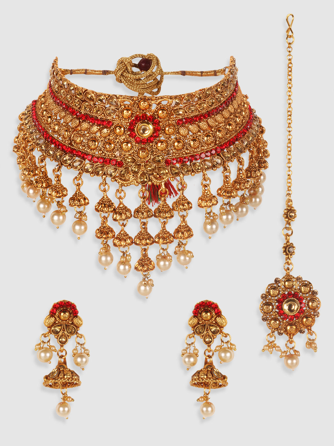Gold-Plated Red & White Kundan-Studded & Pearl Beaded Vilandi Jewellery Set