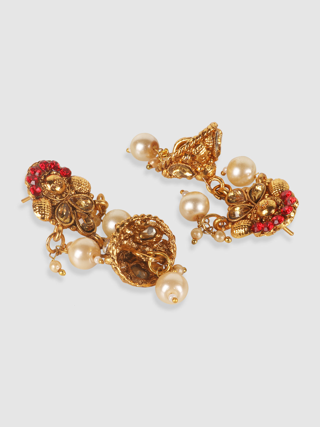 Gold-Plated Red & White Kundan-Studded & Pearl Beaded Vilandi Jewellery Set