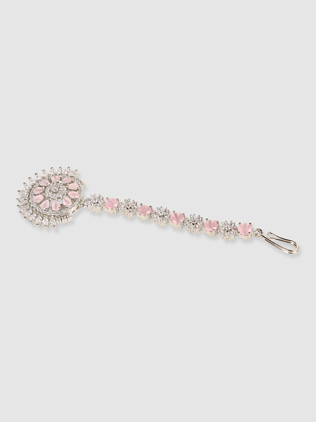 Silver-Plated White & Pink AD-Studded Maangtikka