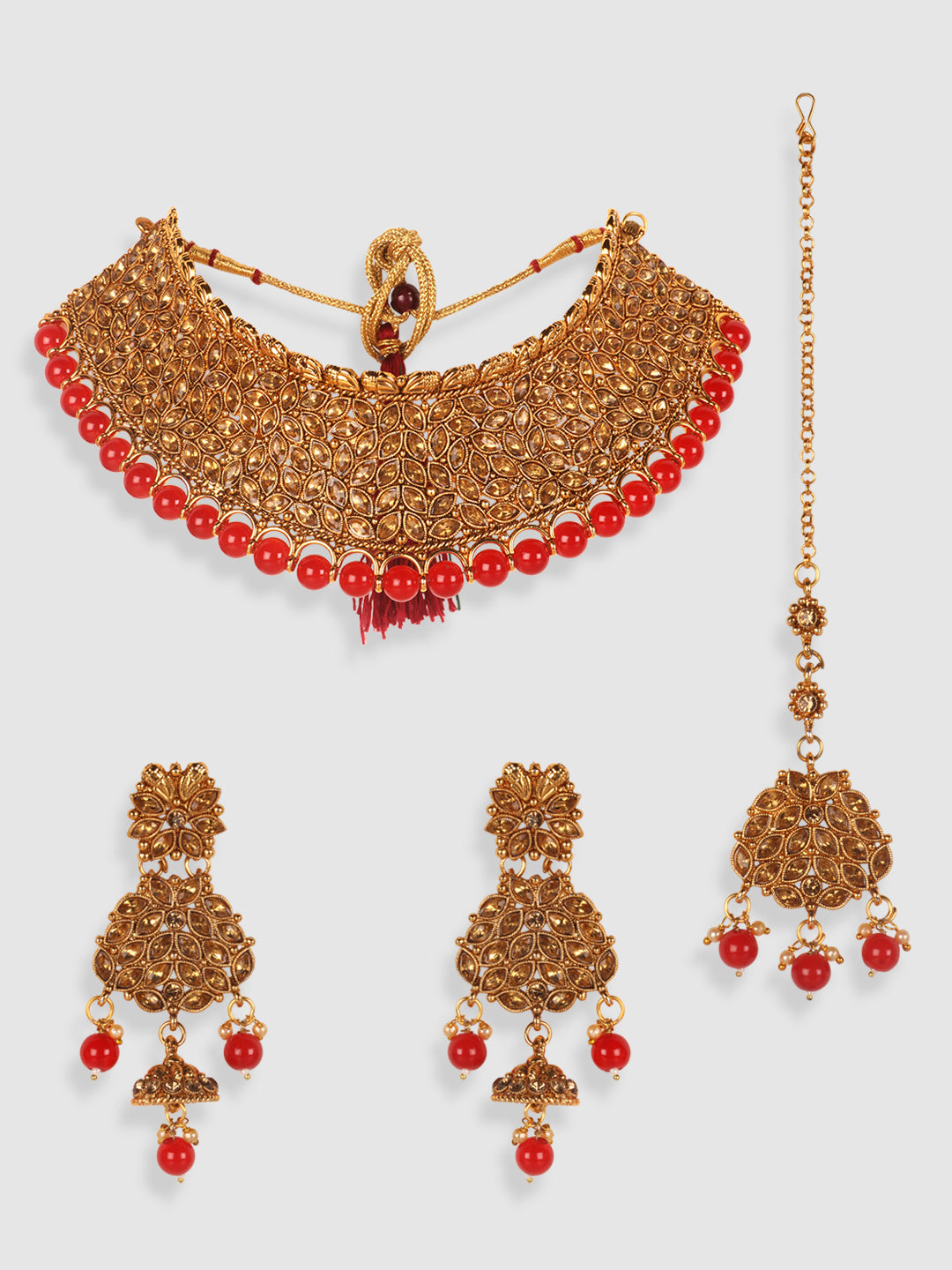 Gold-Plated & Red Stone Studded Choker Set