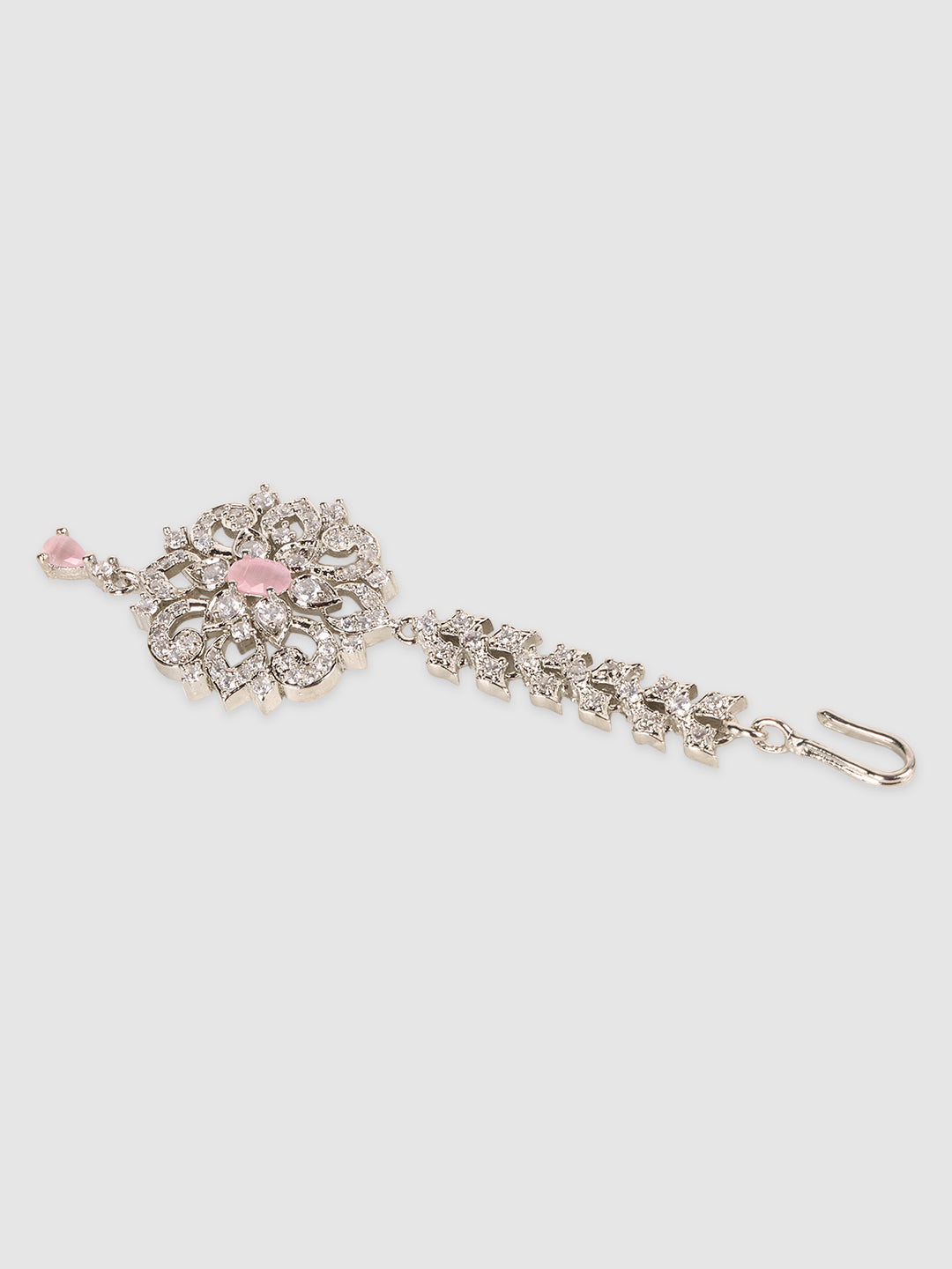 Silver-Plated White & Pink AD-Studded Maangtikka