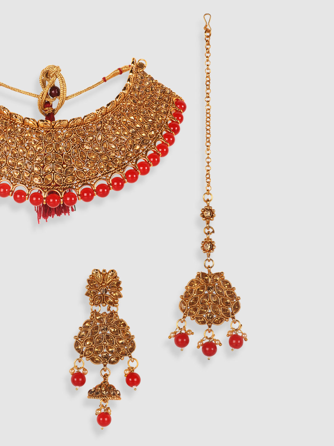 Gold-Plated & Red Stone Studded Choker Set