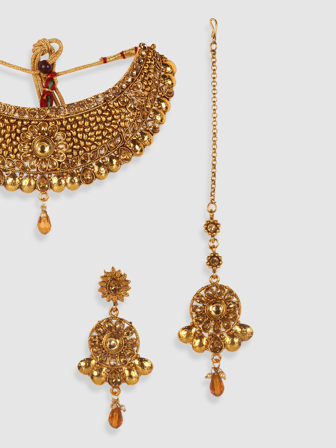 Gold-Plated & Red Kundan-Studded & Pearl Beaded Jewellery Set