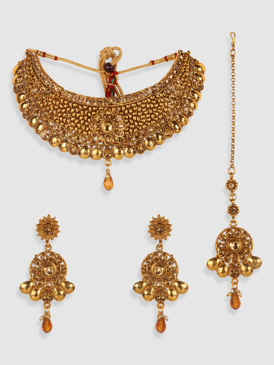 Gold-Plated & Red Kundan-Studded & Pearl Beaded Jewellery Set