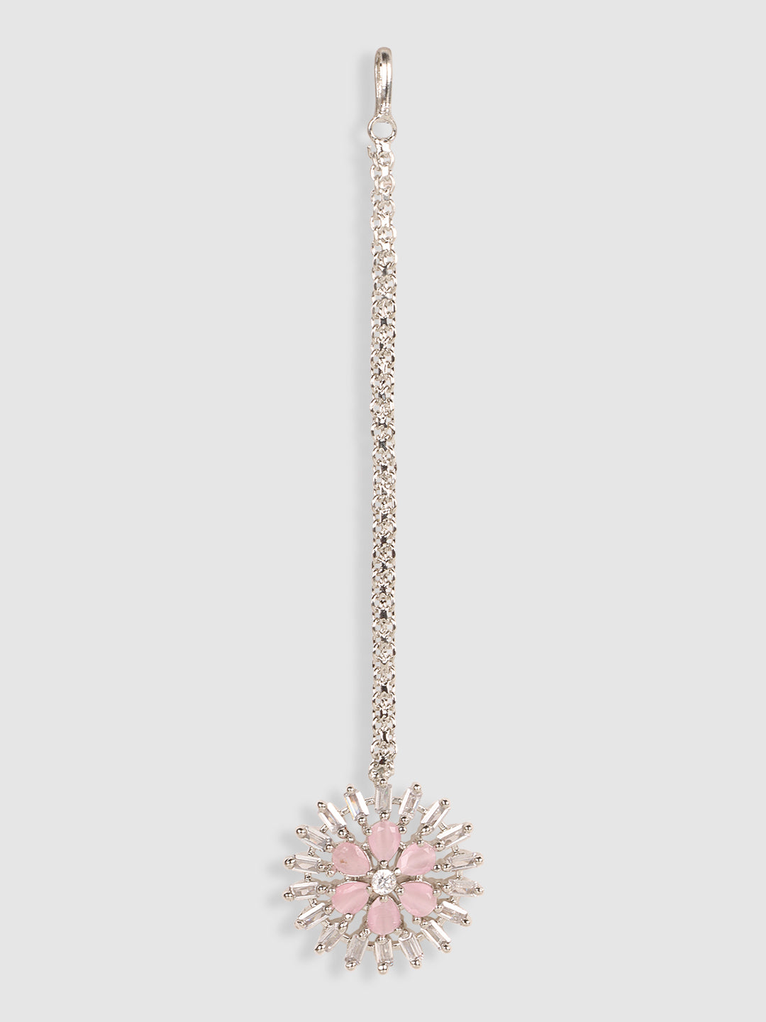 Silver-Plated White & Pink AD-Studded Handcrafted Maang Tikka