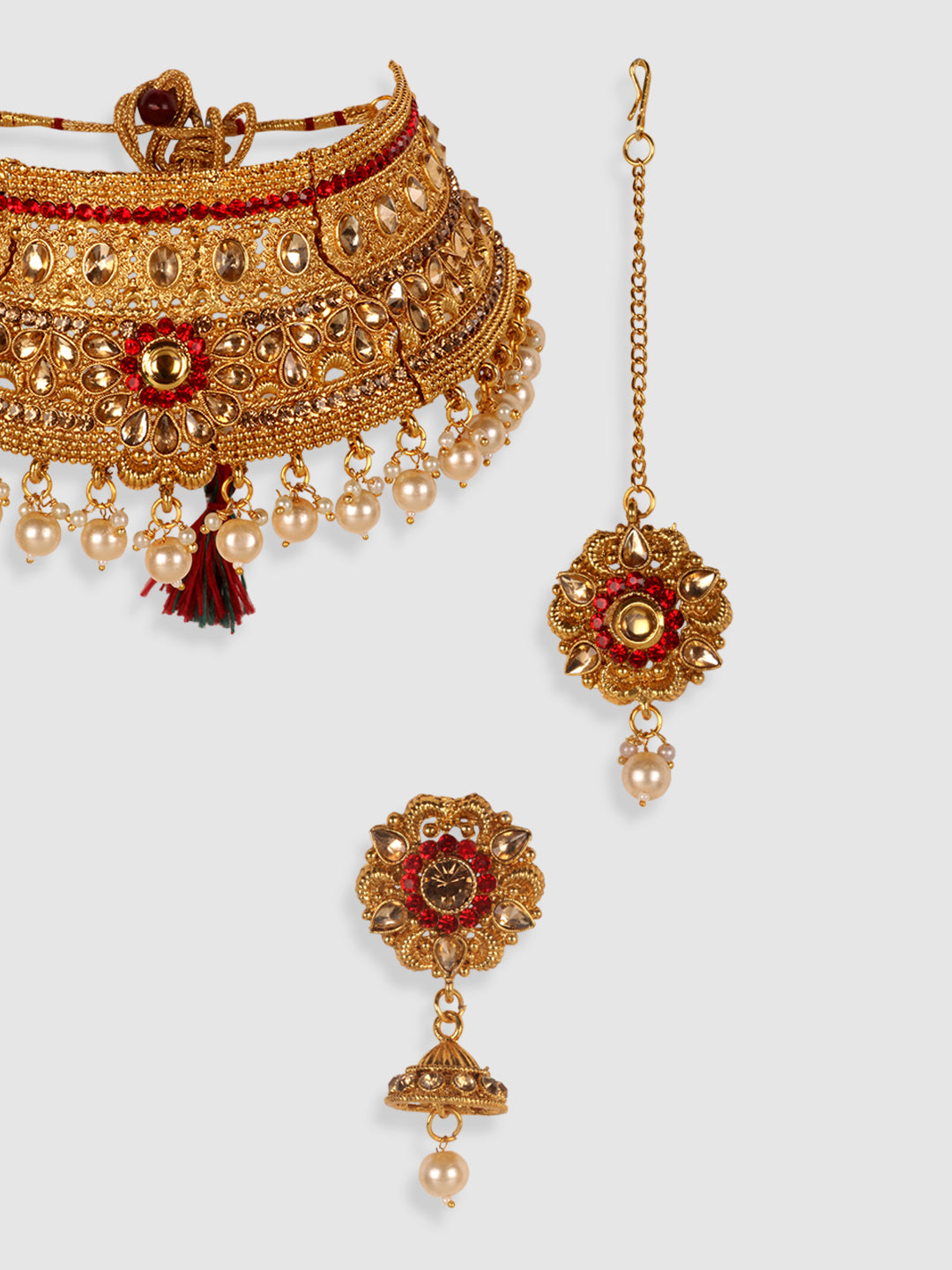 Red & Gold Toned Gold Plated Bridal Kundan Studded Choker Set