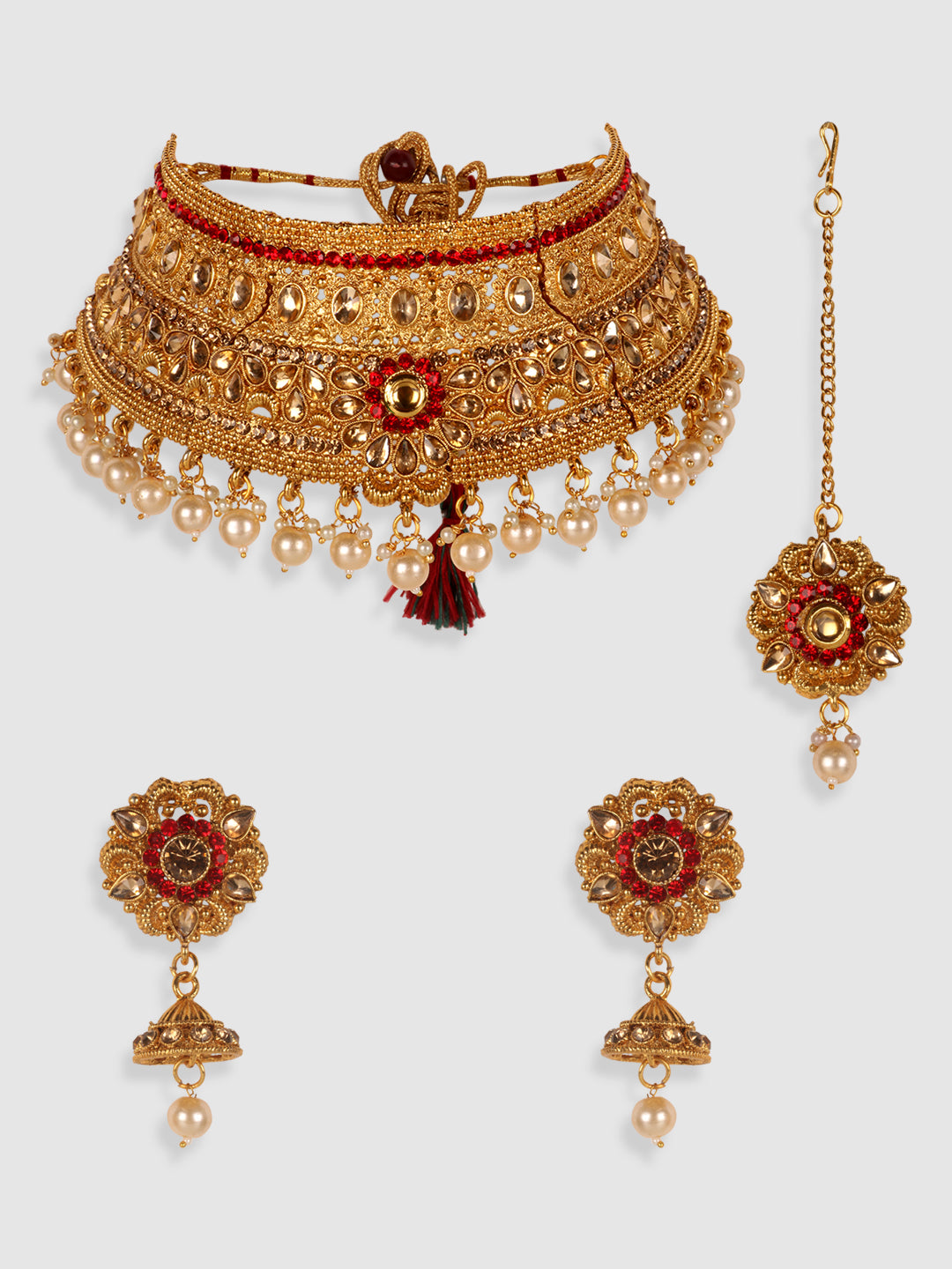 Red & Gold Toned Gold Plated Bridal Kundan Studded Choker Set