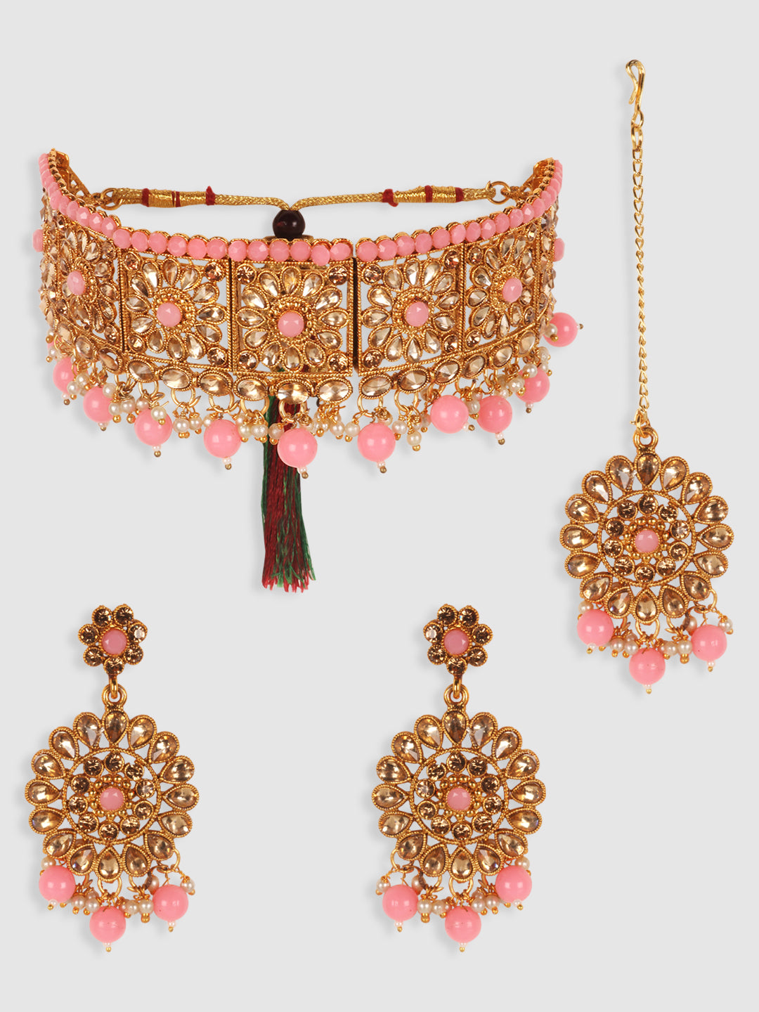 Pink Gold Plated Stone Studded Jewellery Set