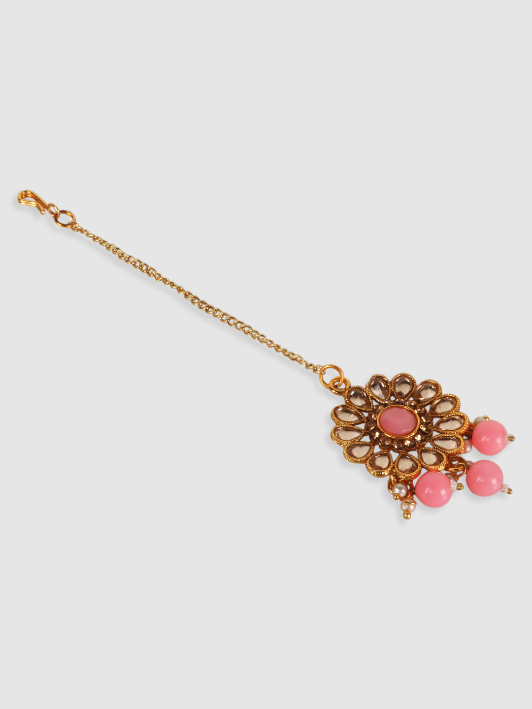 Woman Pink &Gold Plated Studded Choker Set with Floral Earring & Maangtika