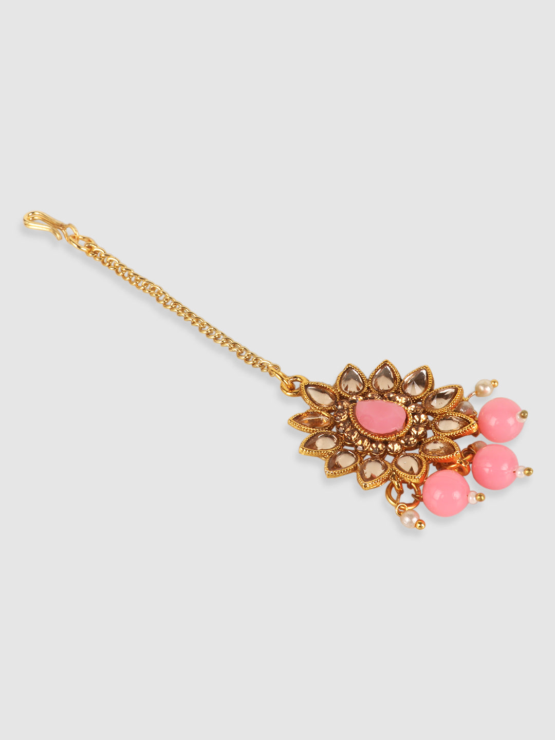 Gold Plated White & Pink Kundan Studded & Beaded Jewellery Set