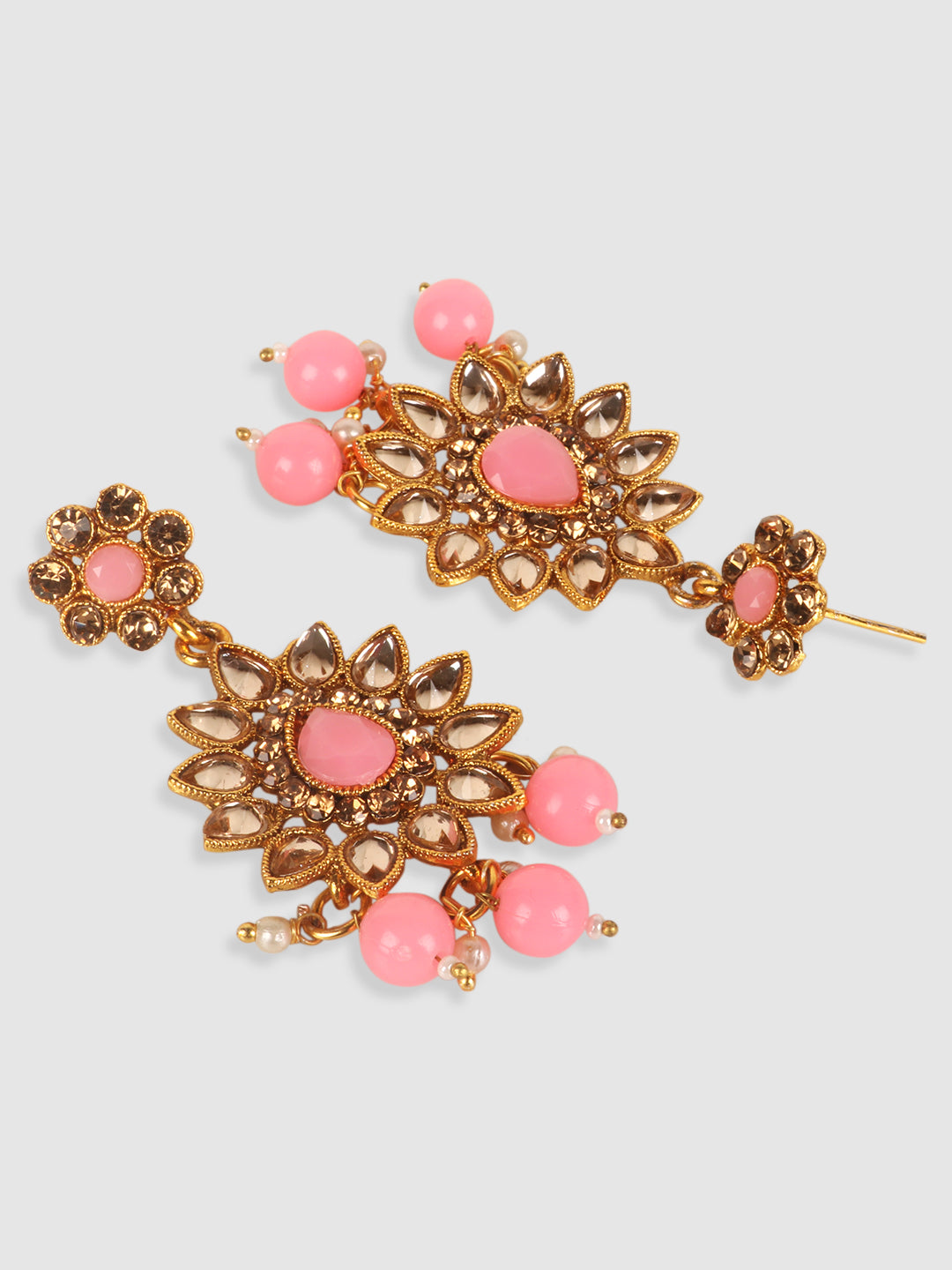 Gold Plated White & Pink Kundan Studded & Beaded Jewellery Set
