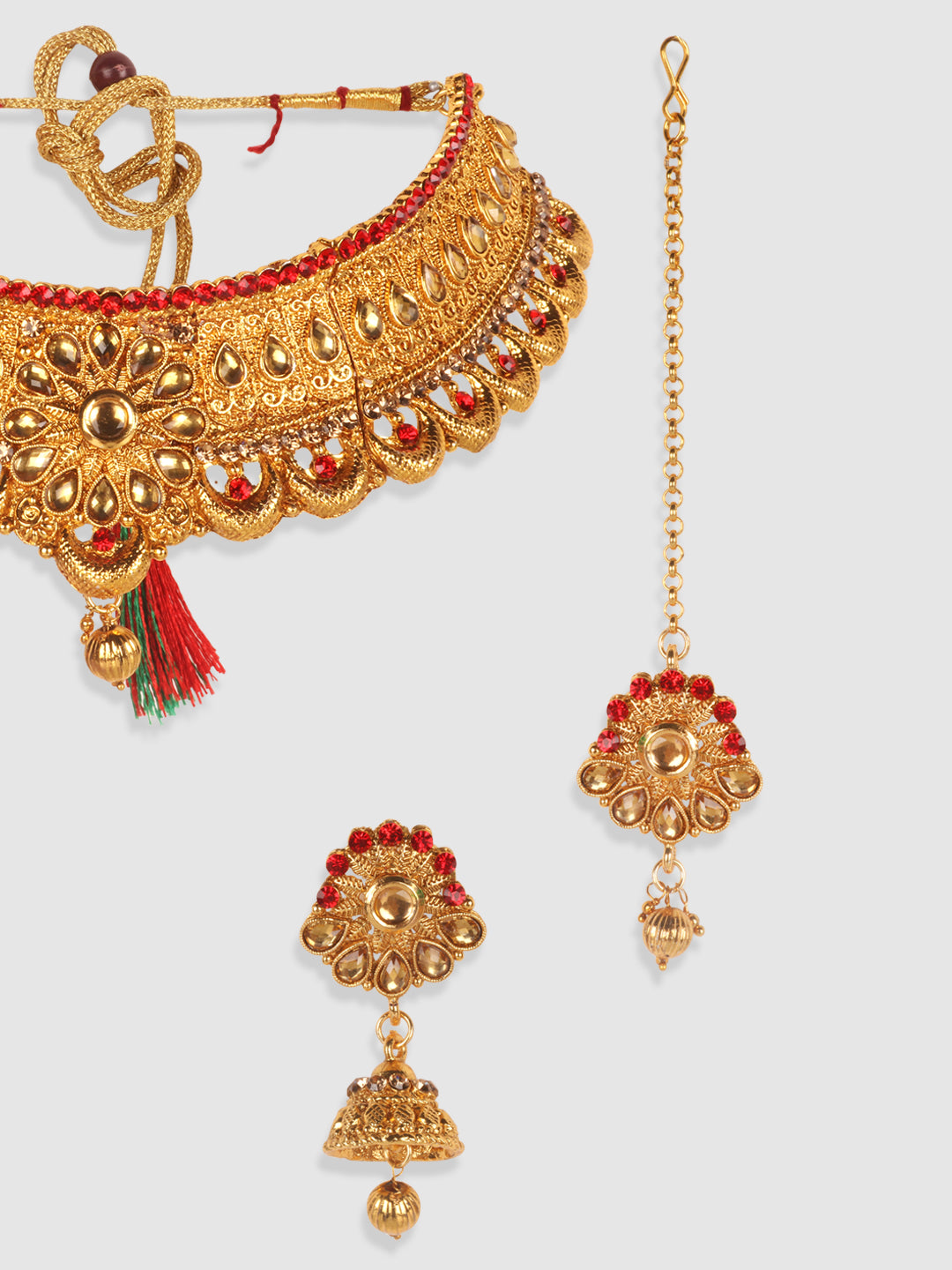 Gold-Plated Red & White Kundan-Studded & Pearl Beaded Vilandi Jewellery Set