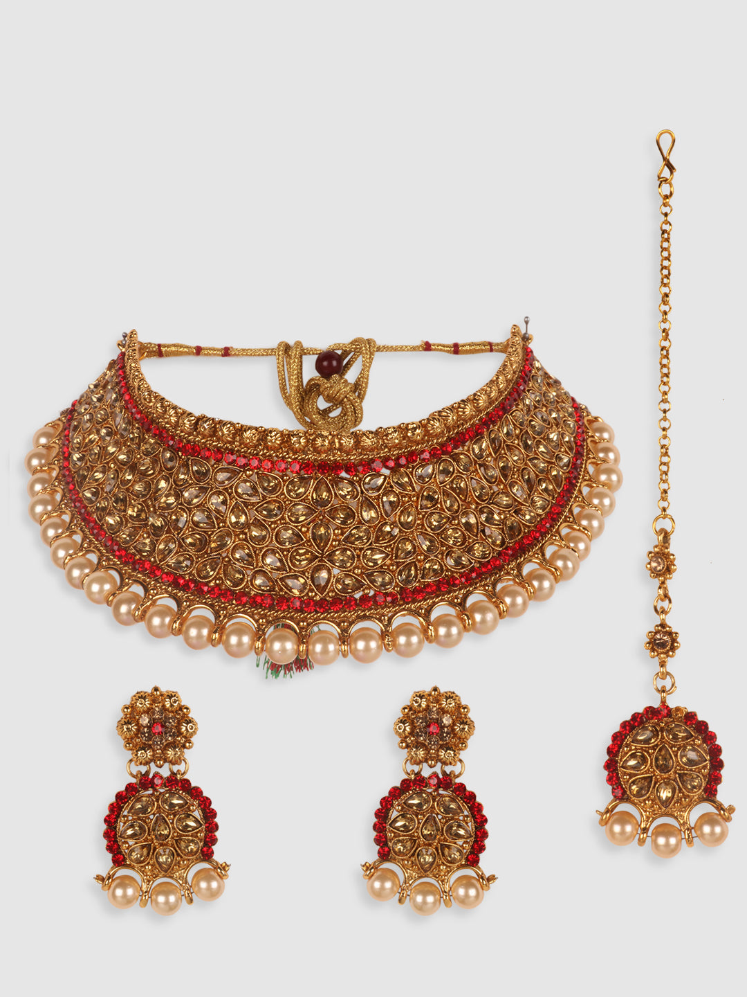 Red & Gold Toned Gold Plated Bridal Kundan Studded Choker Set