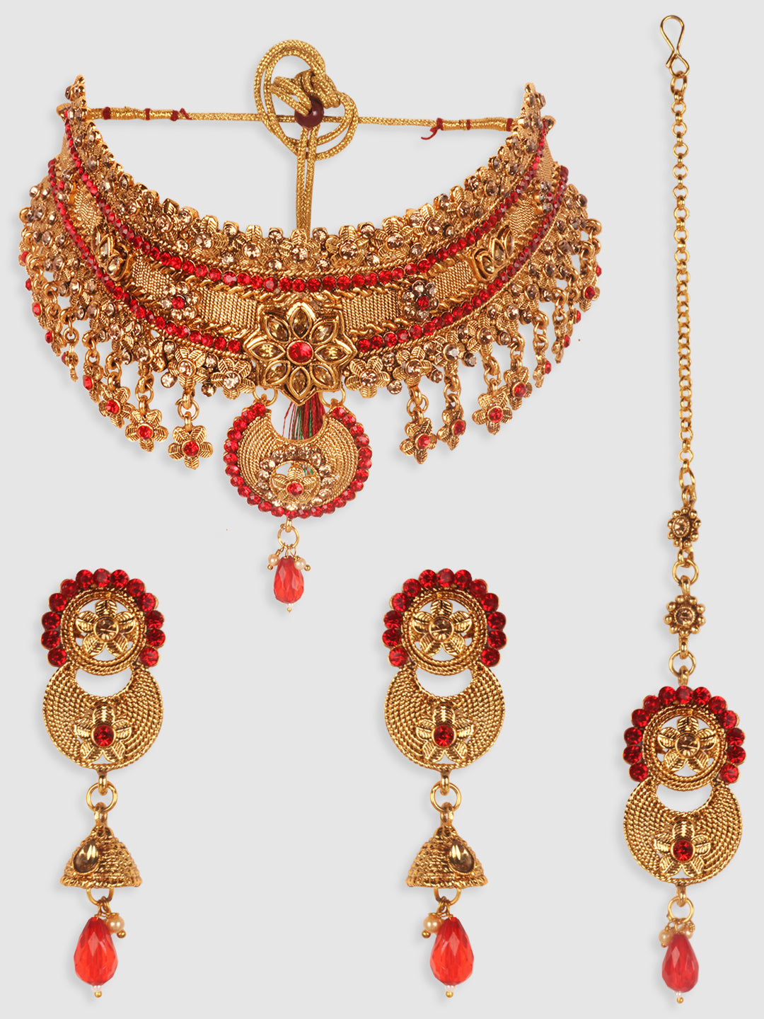 Gold-Plated & Red Stone Studded Choker Set