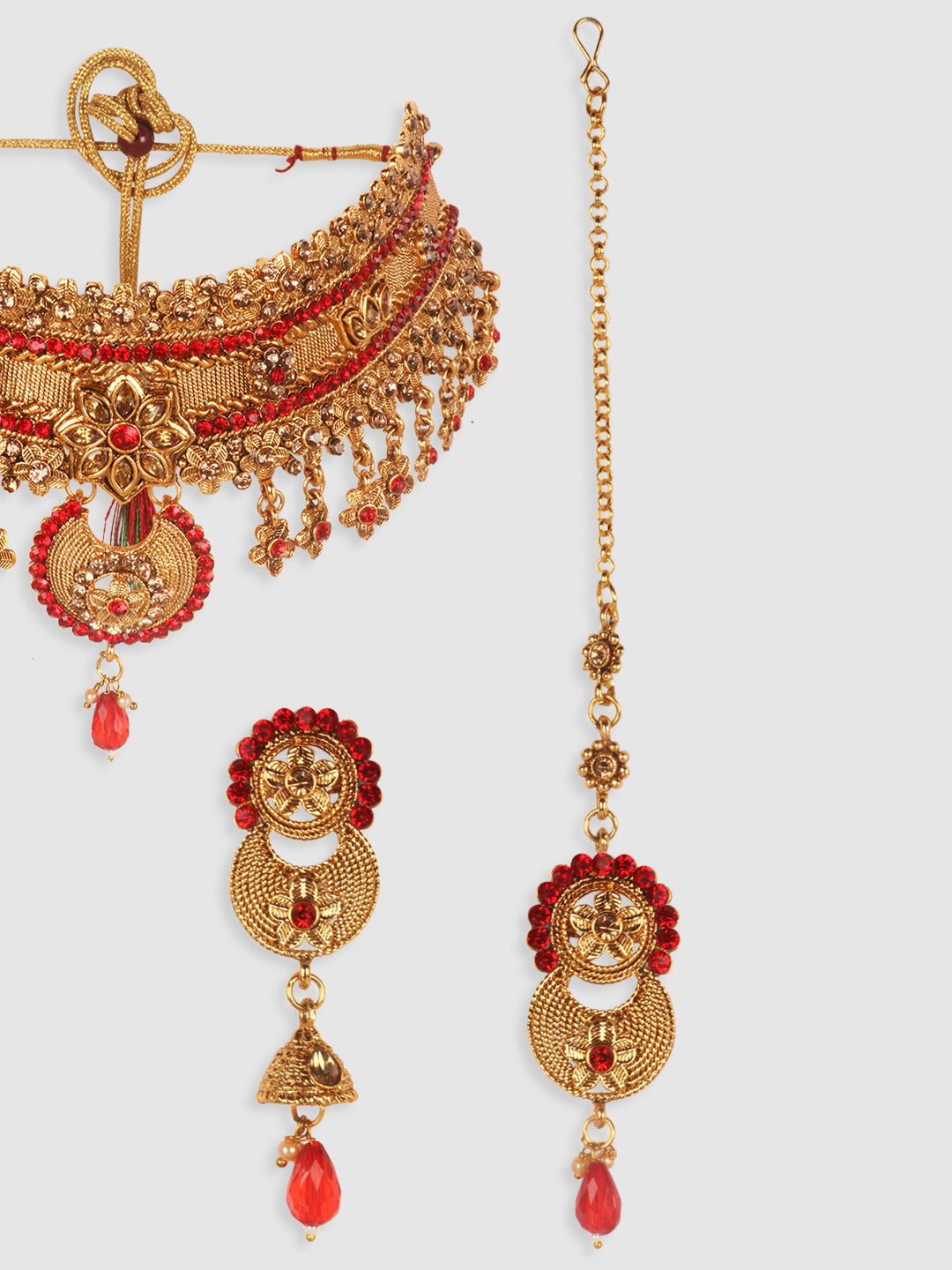 Gold-Plated & Red Stone Studded Choker Set