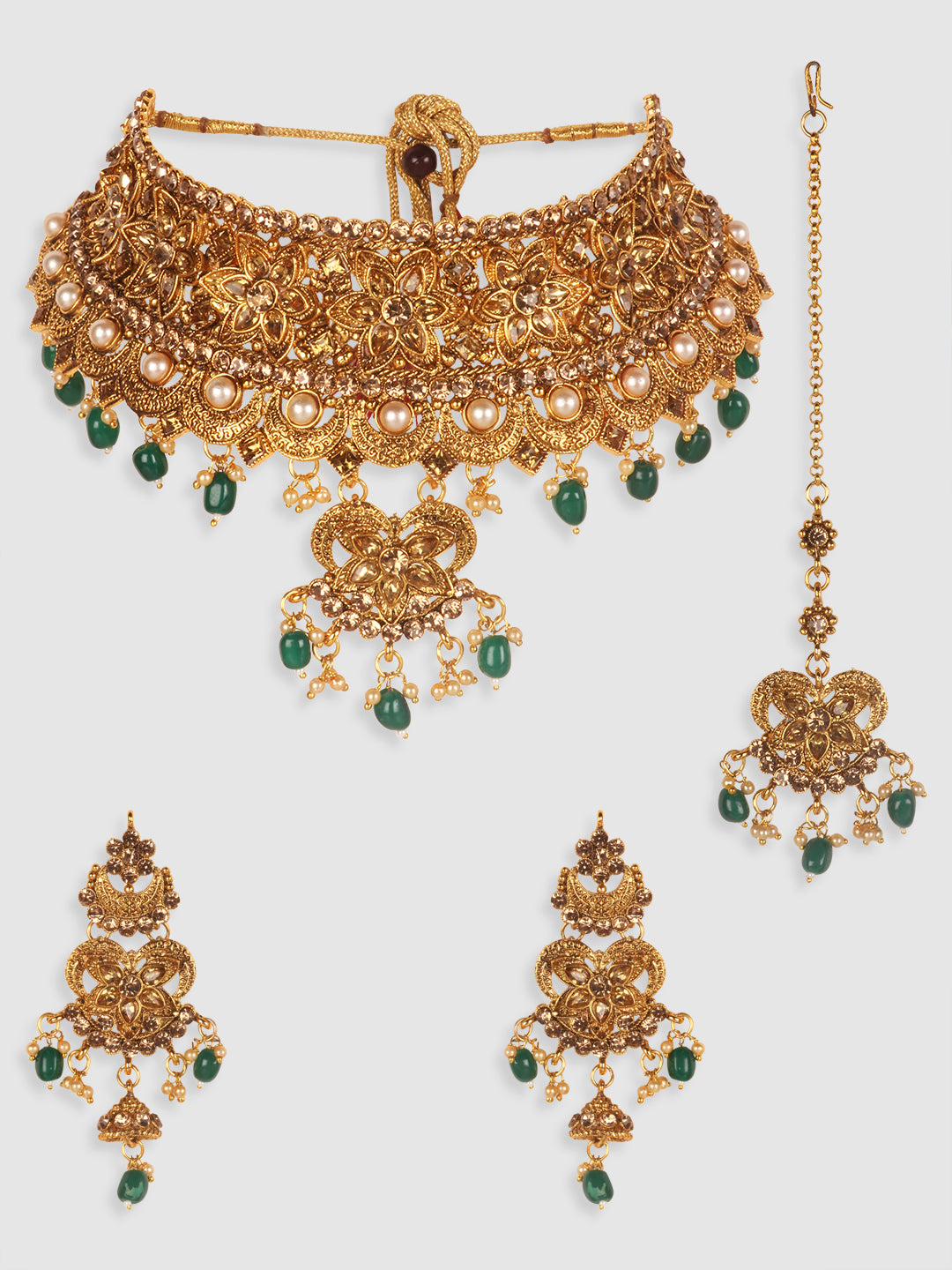 PENNY JEWELS Gold Plated Bridal Green Beads Choker with Designer Jhumka & Maangtika