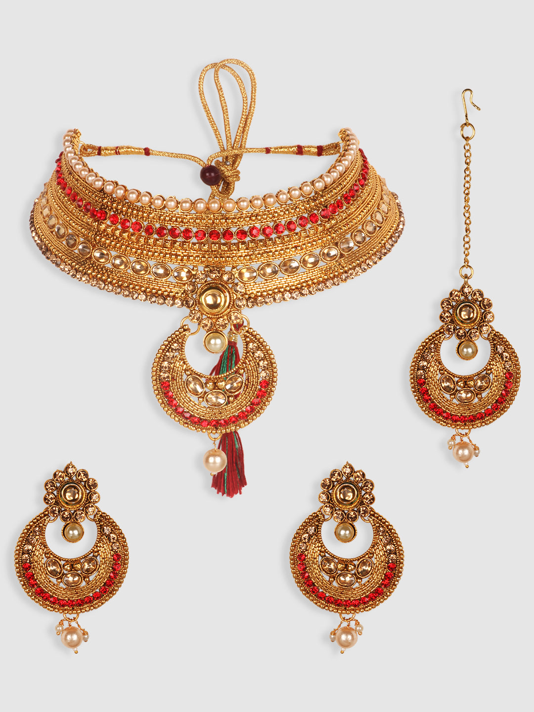 Gold-Plated & Red Stone Studded Choker Set