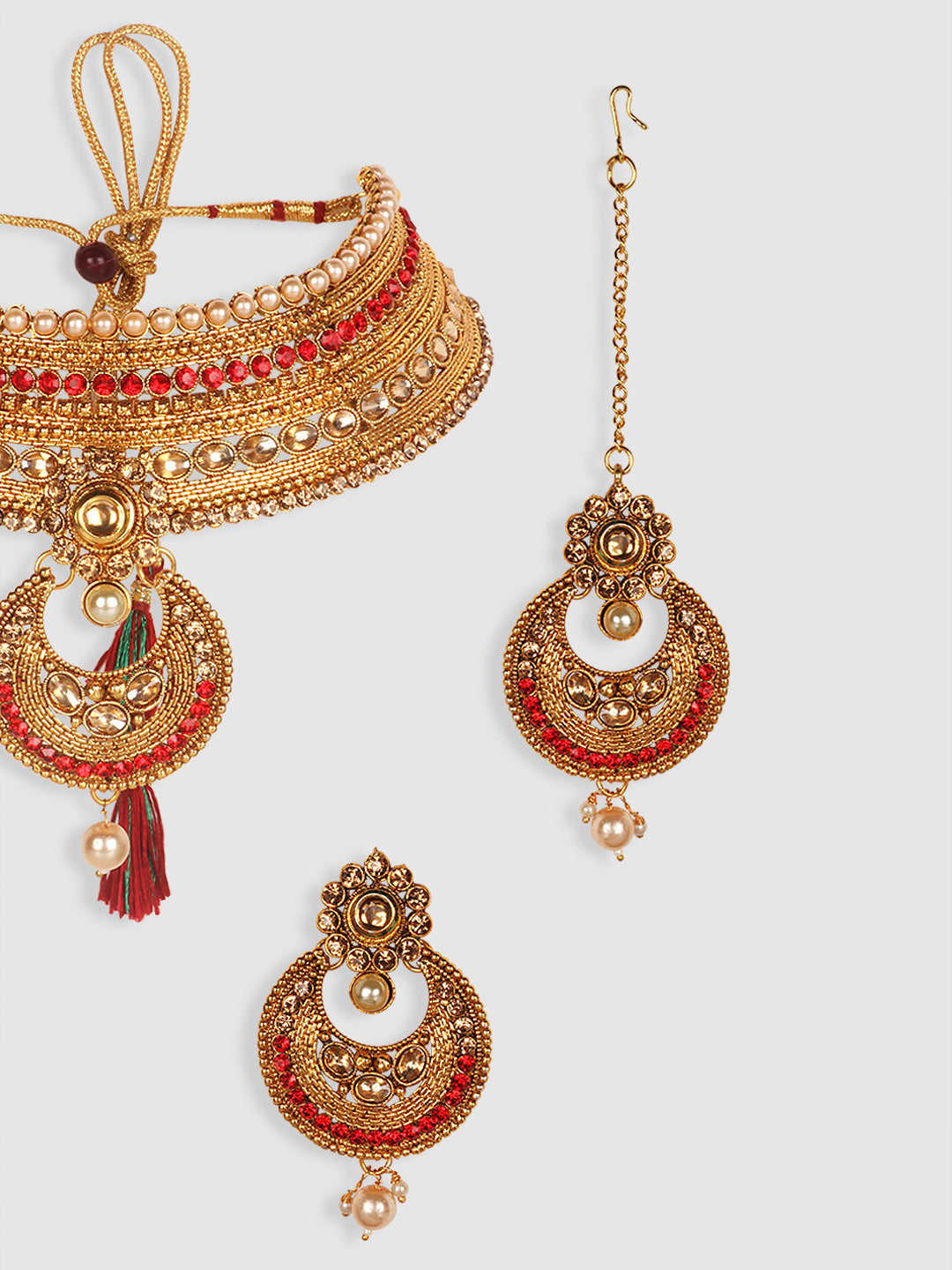 Gold-Plated & Red Stone Studded Choker Set