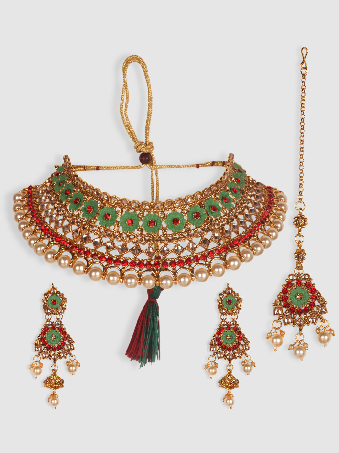 Woman Multi coloured Enamelled Choker with Jhumka Earring & Maangtika