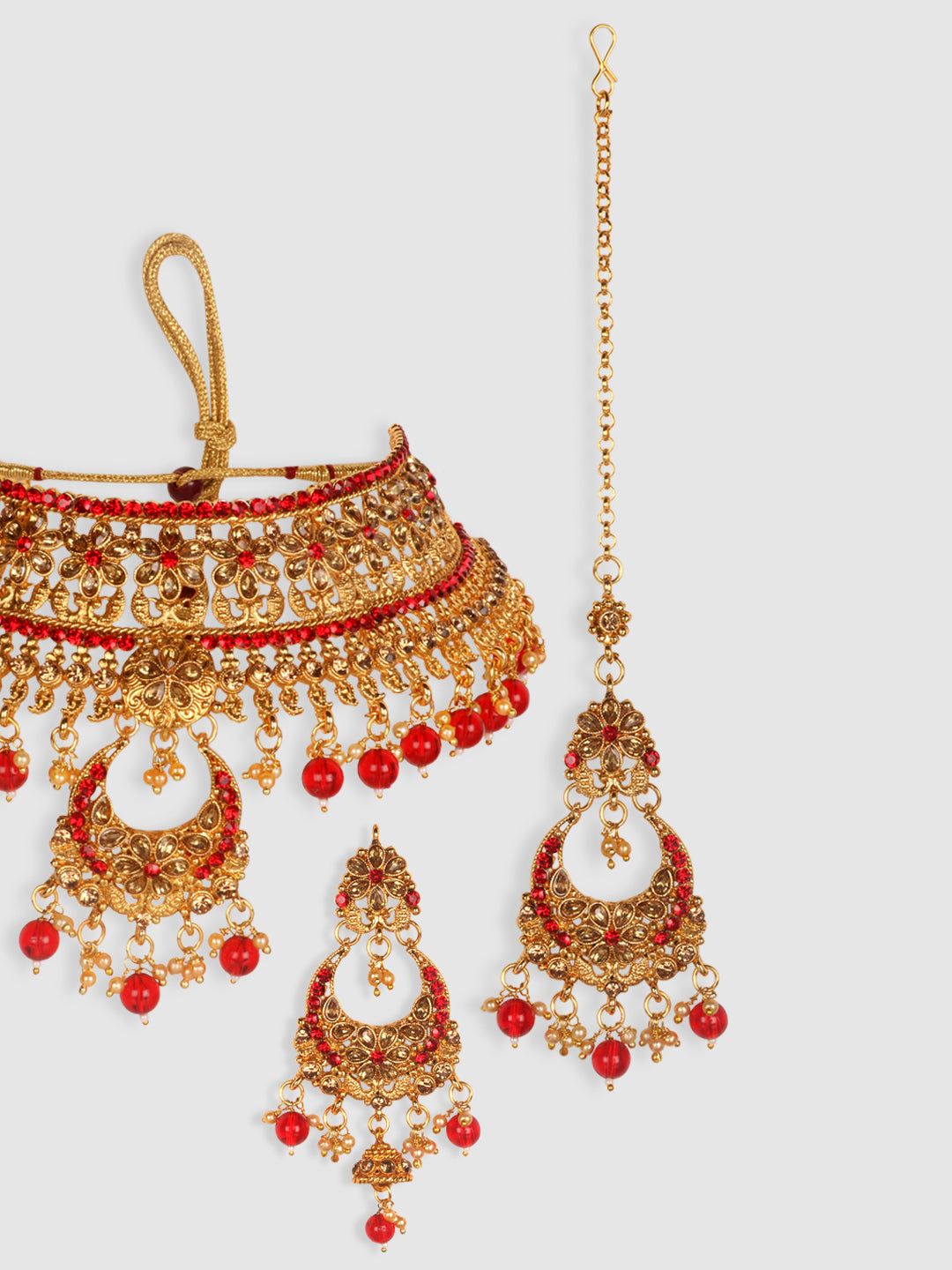 Gold Toned & Red Brass Gold Plated Choker Set With Earrings & Maangtika