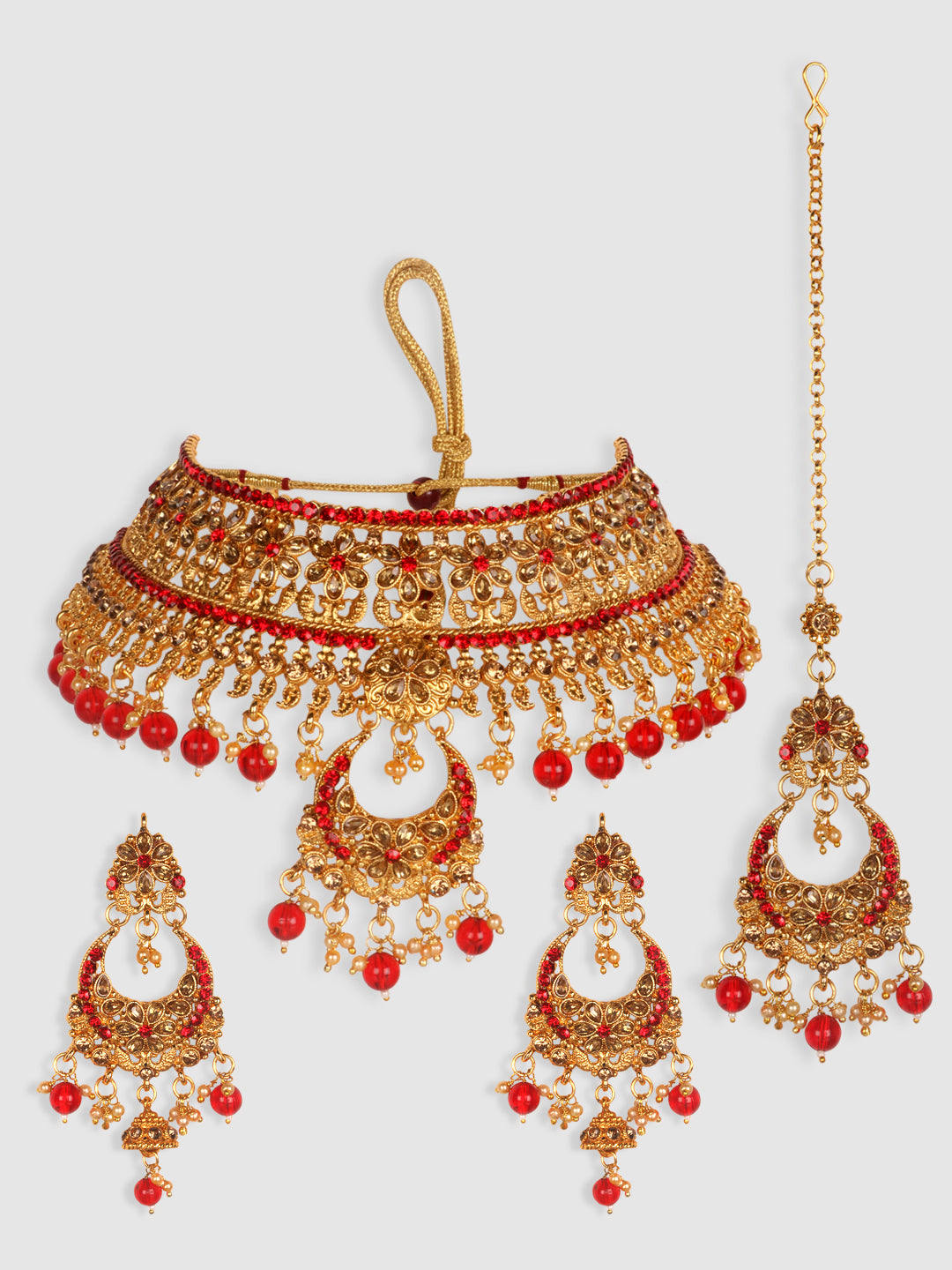 Gold Toned & Red Brass Gold Plated Choker Set With Earrings & Maangtika