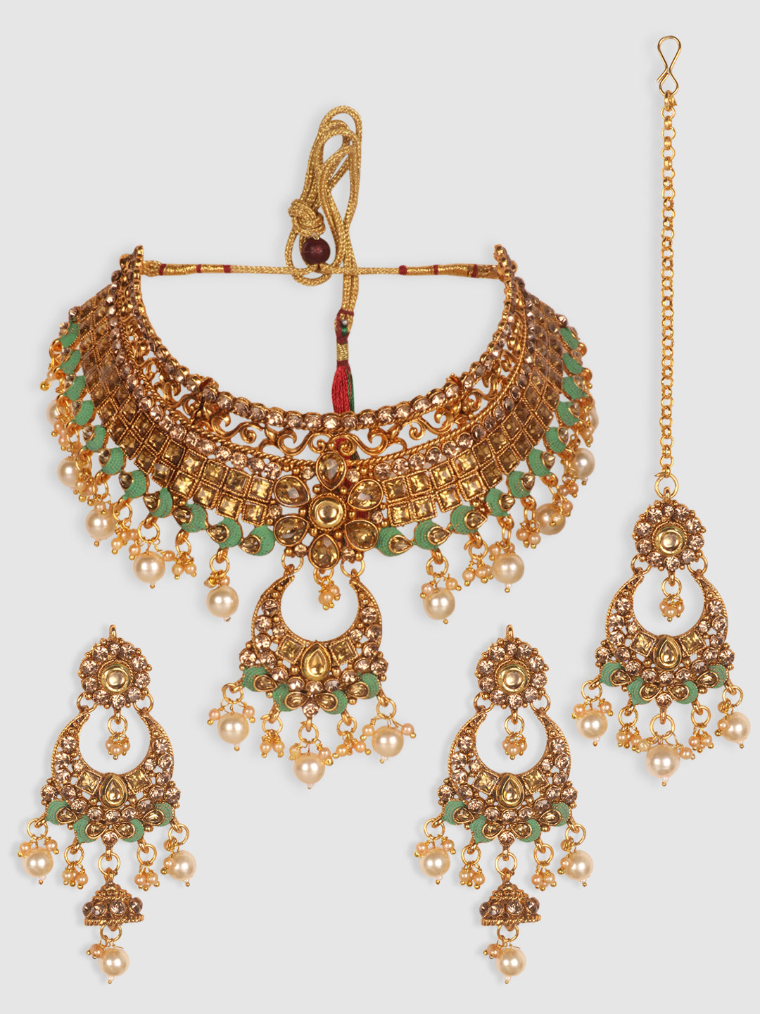 Gold-Plated Sea Green & White Kundan-Studded & Pearl Beaded Vilandi Jewellery Set