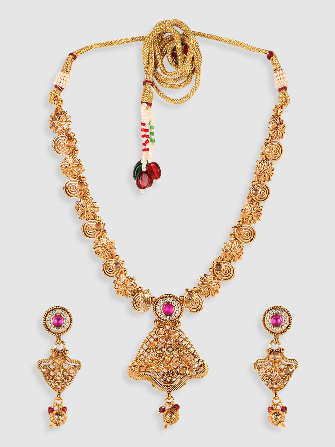Gold-Plated & Magenta Stone Studded Jewellery Set